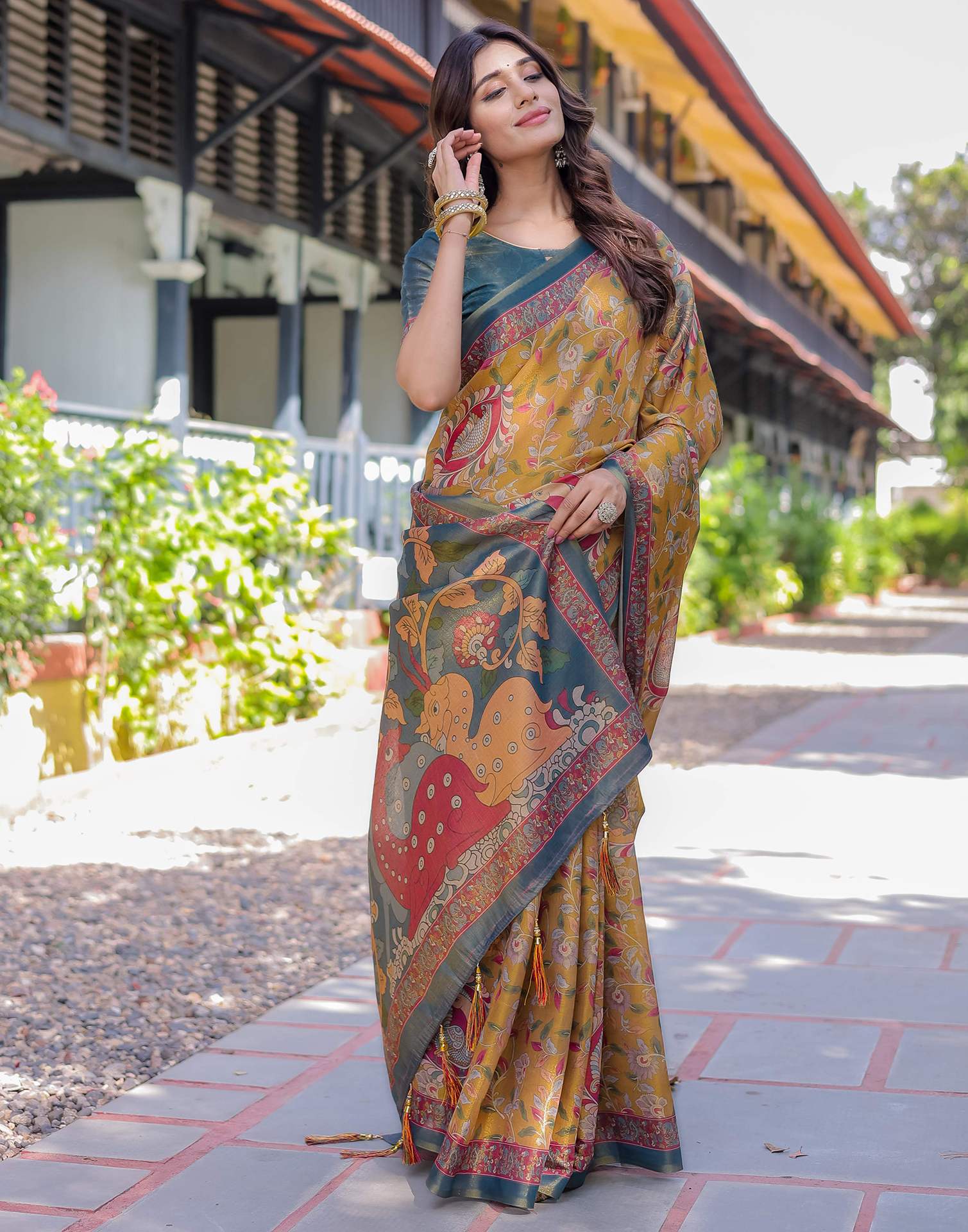 Yellow Shimmer Silk Printed Saree