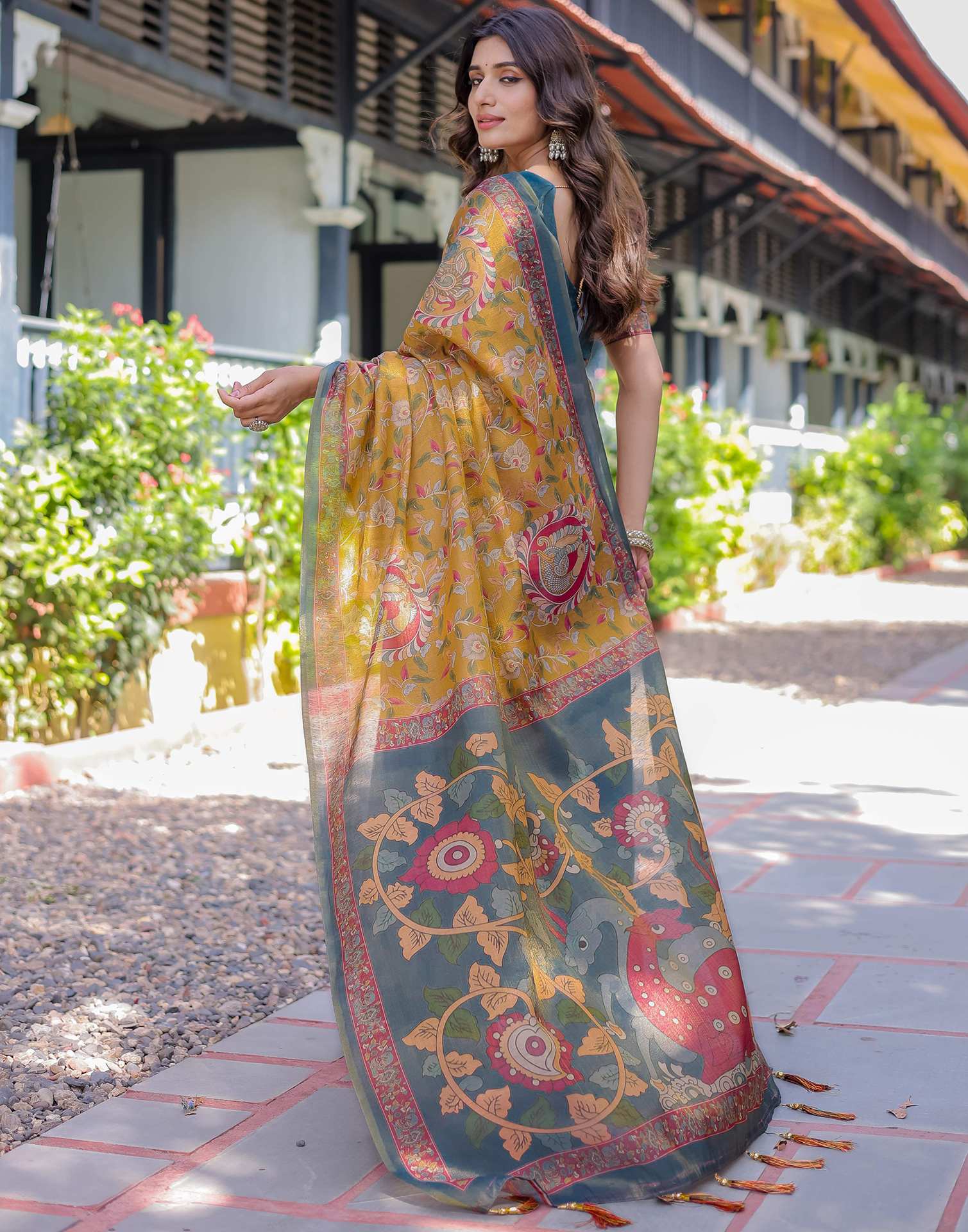 Yellow Shimmer Silk Printed Saree