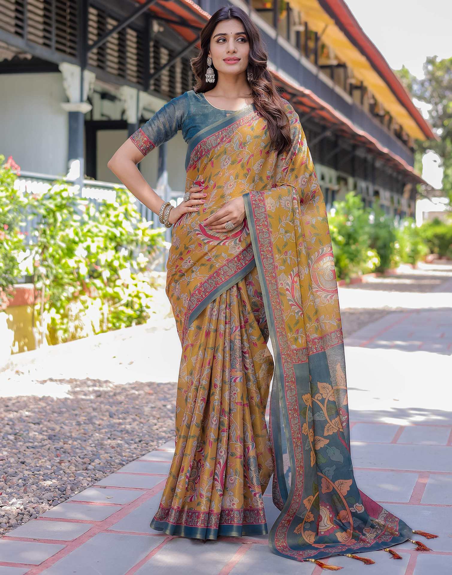 Yellow Shimmer Silk Printed Saree