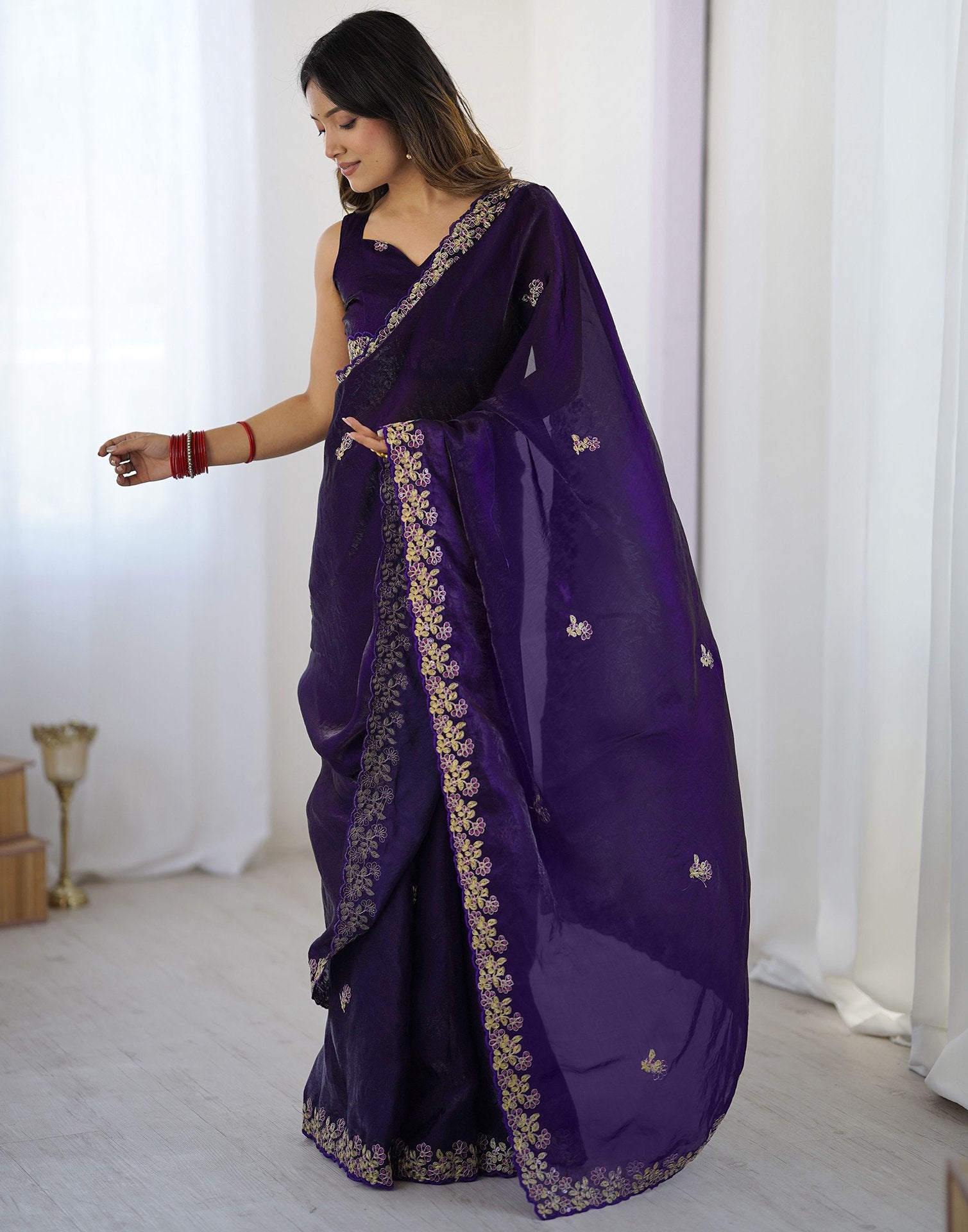 Dark Purple Tissue Silk Sequence Embroidery Saree