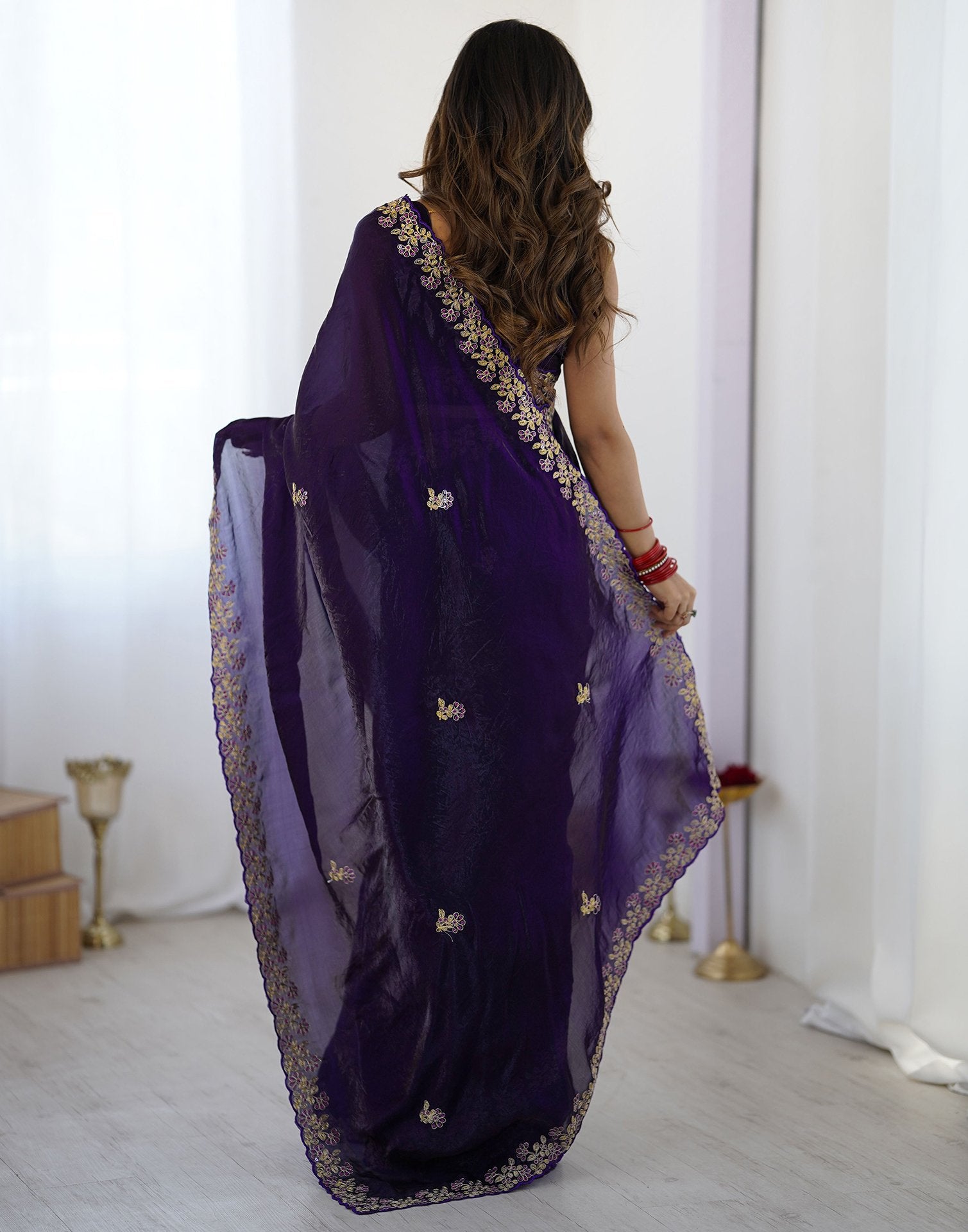 Dark Purple Tissue Silk Sequence Embroidery Saree
