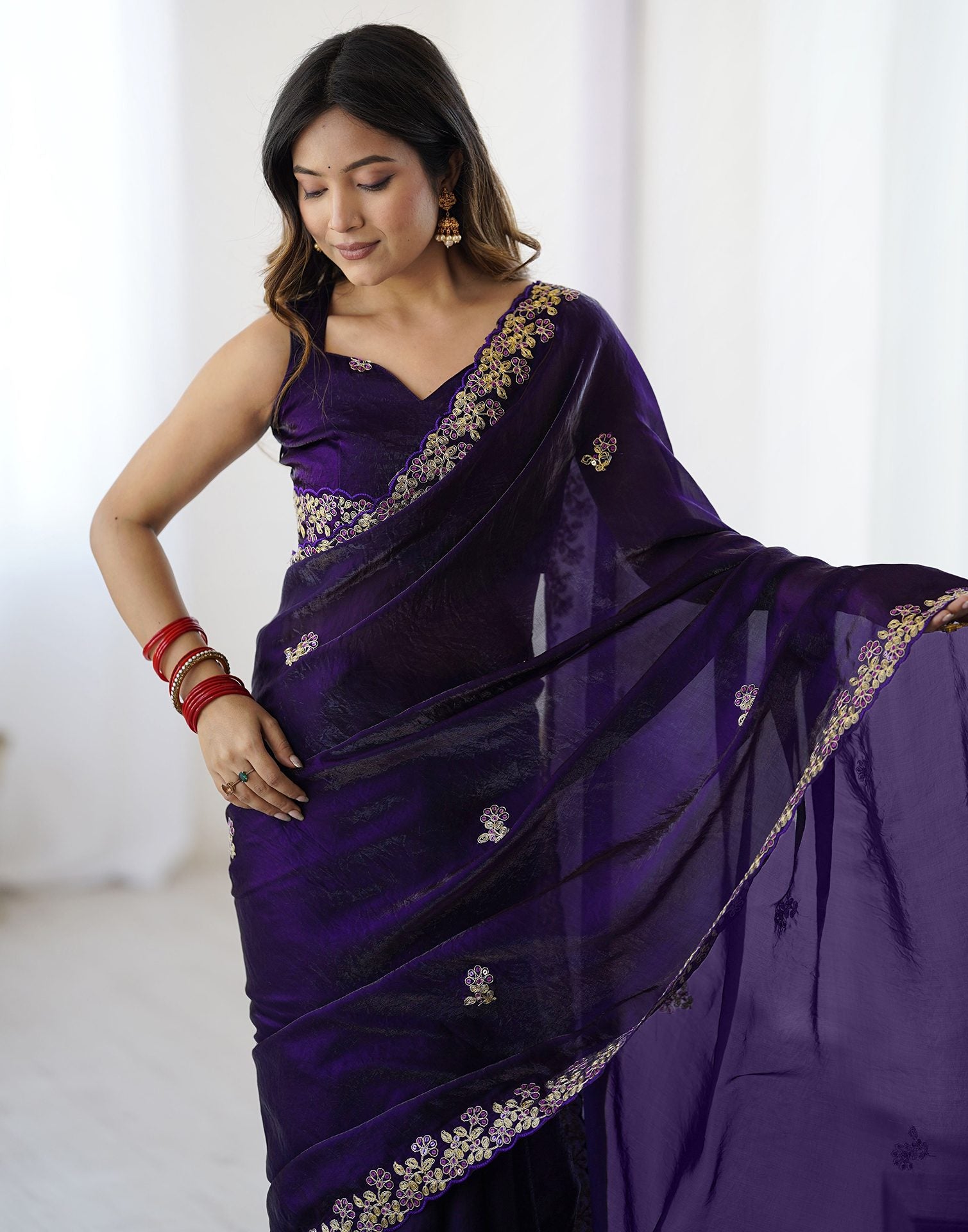 Dark Purple Tissue Silk Sequence Embroidery Saree