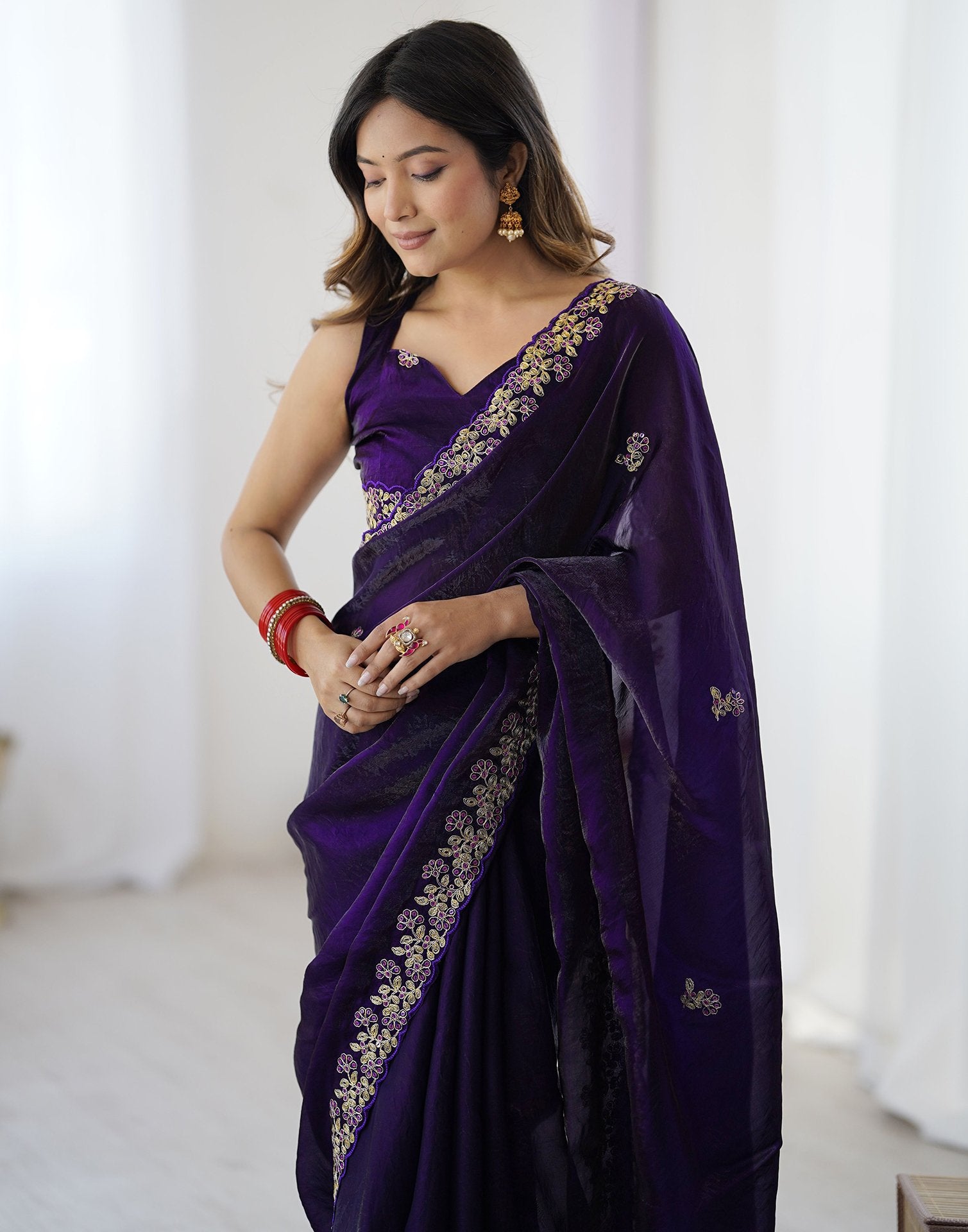 Dark Purple Tissue Silk Sequence Embroidery Saree