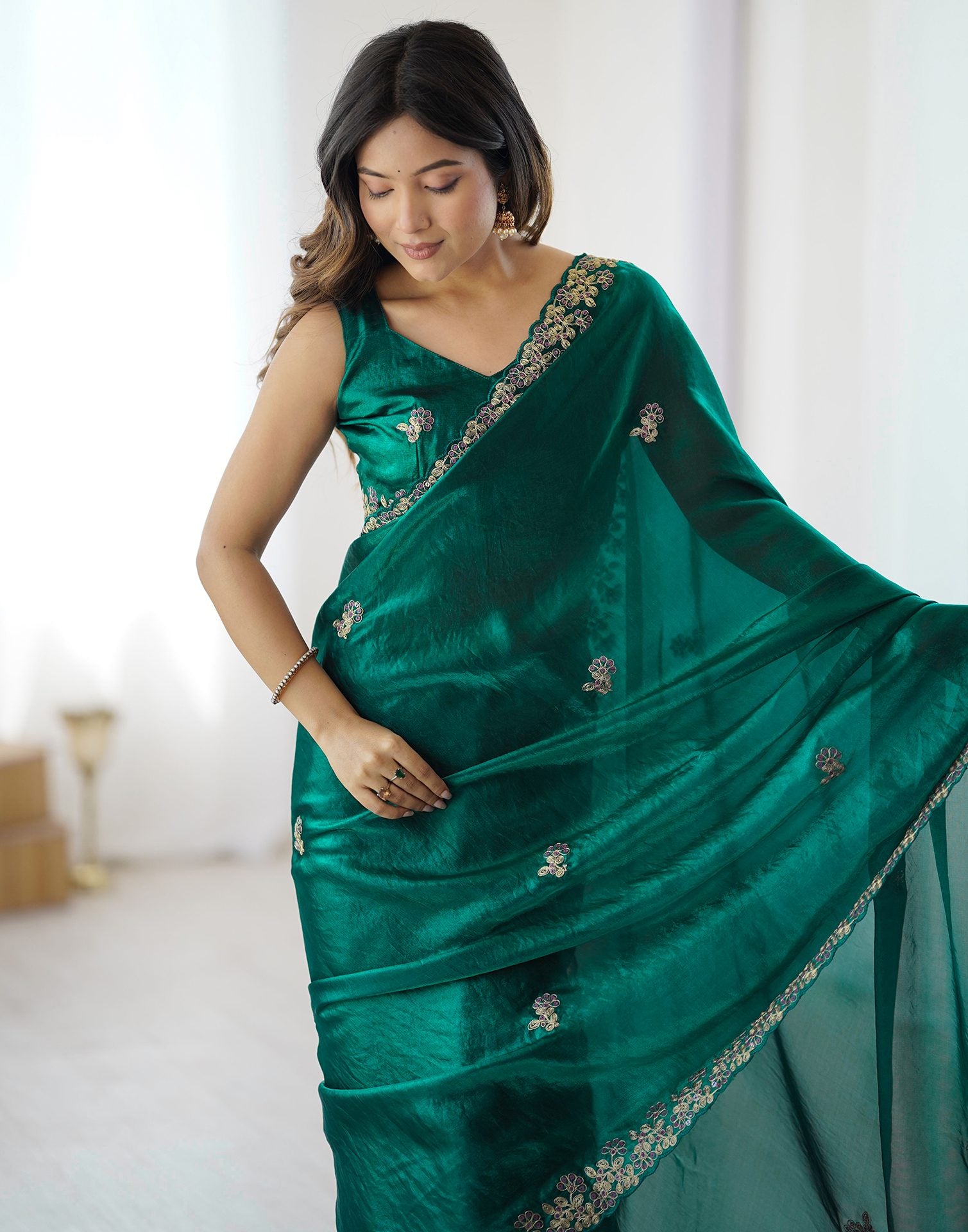 Teal Green Tissue Silk Sequence Embroidery Saree