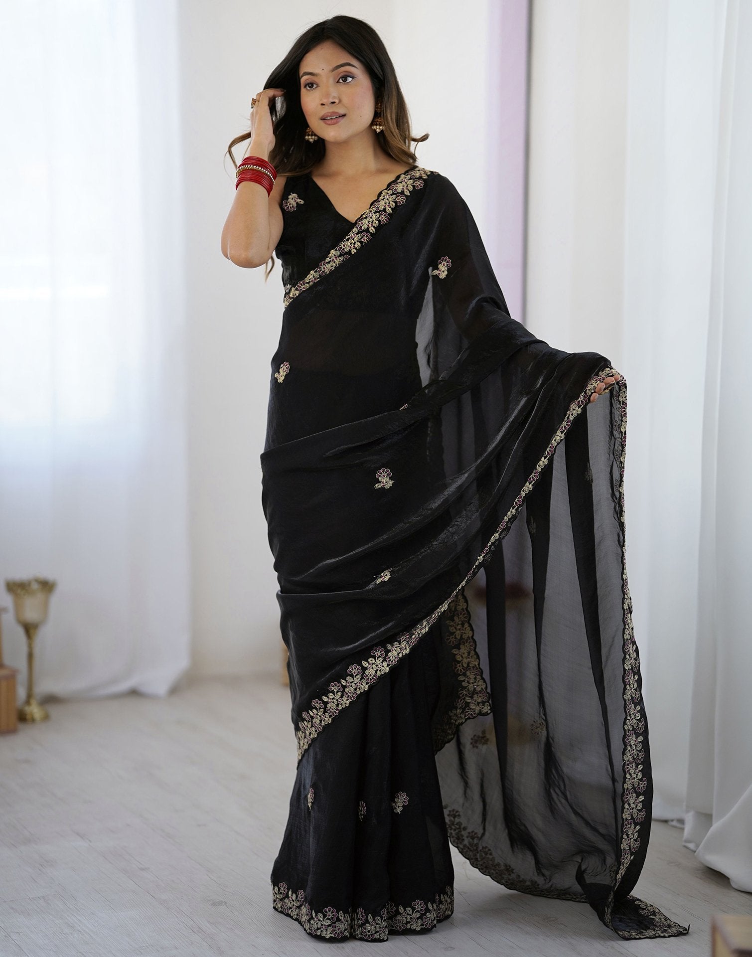 Black Tissue Silk Sequence Embroidery Saree