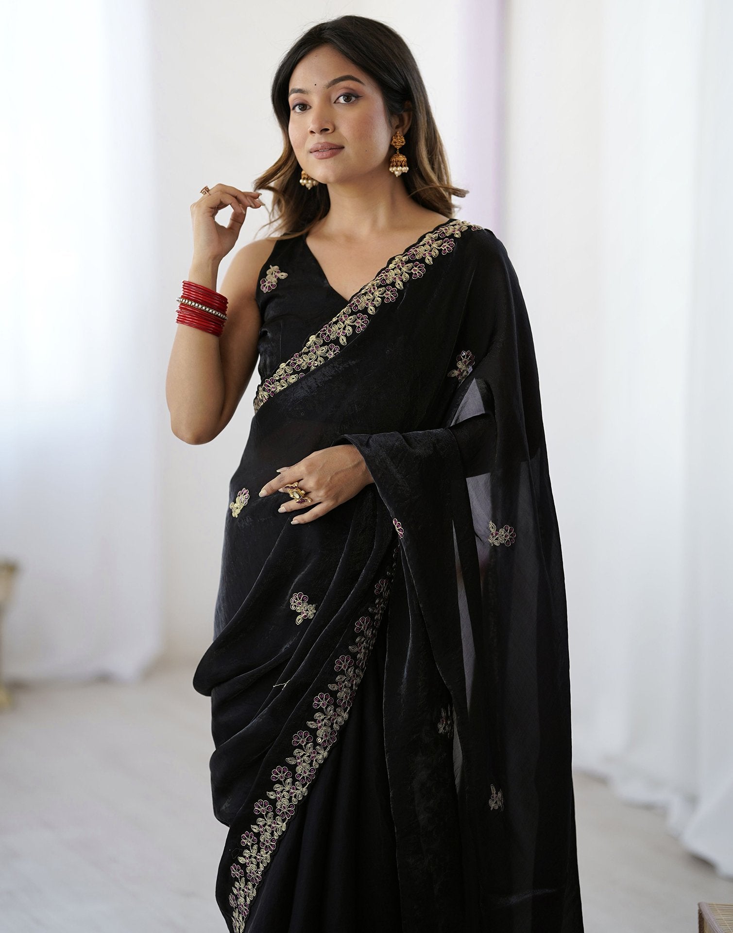Black Tissue Silk Sequence Embroidery Saree