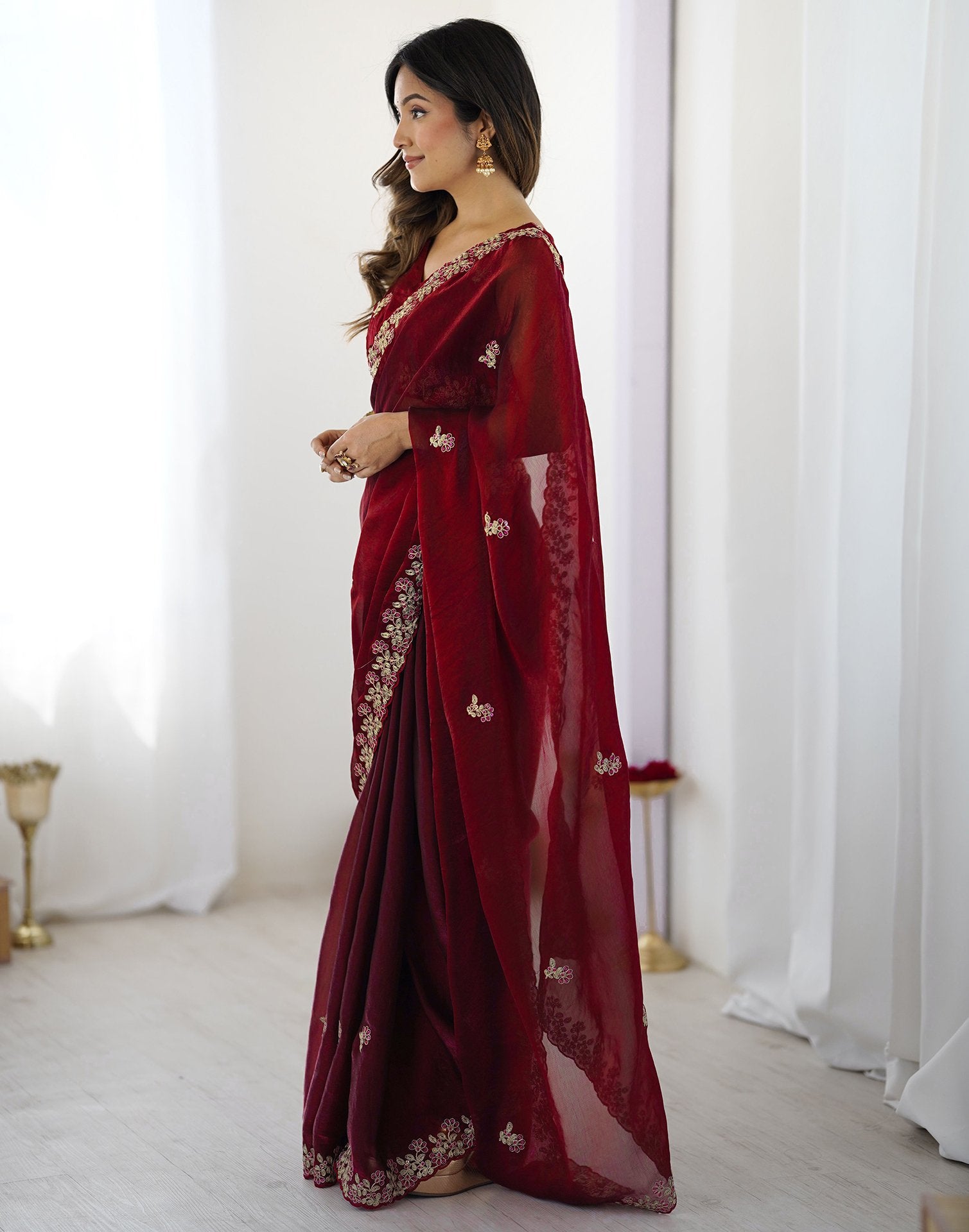 Maroon Tissue Silk Sequence Embroidery Saree