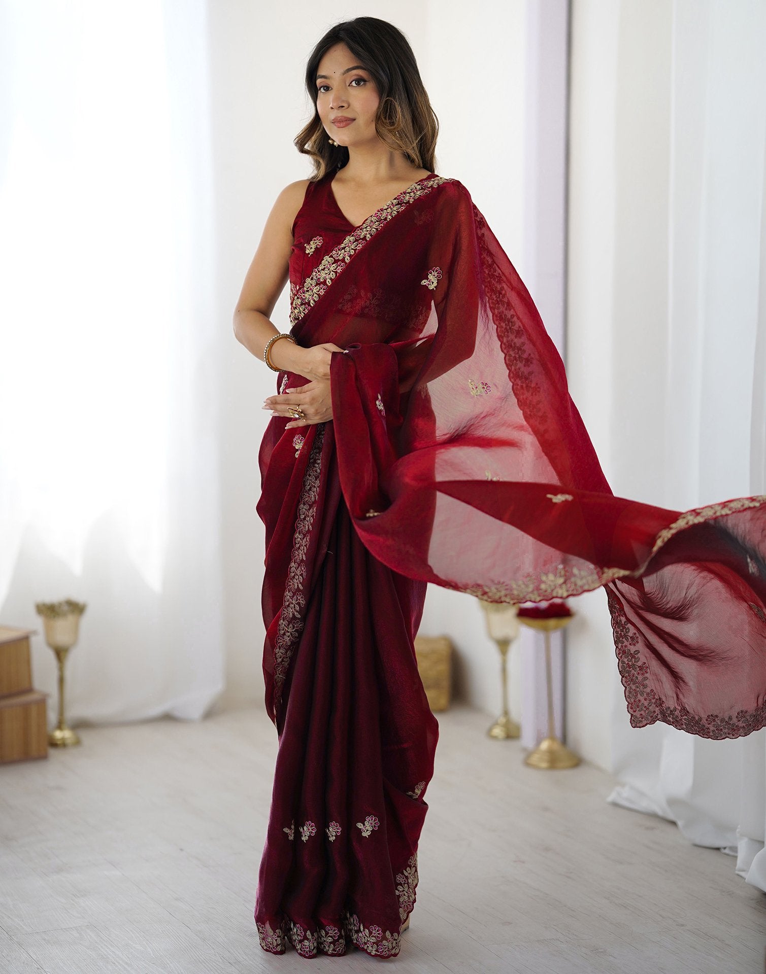 Maroon Tissue Silk Sequence Embroidery Saree