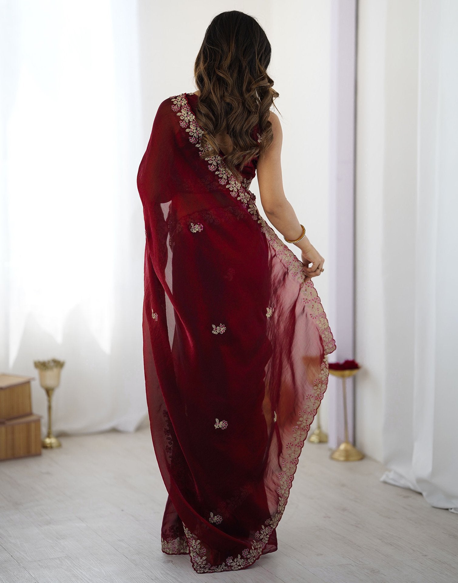 Maroon Tissue Silk Sequence Embroidery Saree