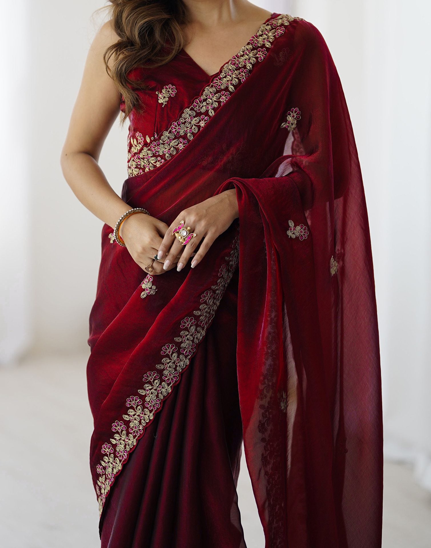 Maroon Tissue Silk Sequence Embroidery Saree