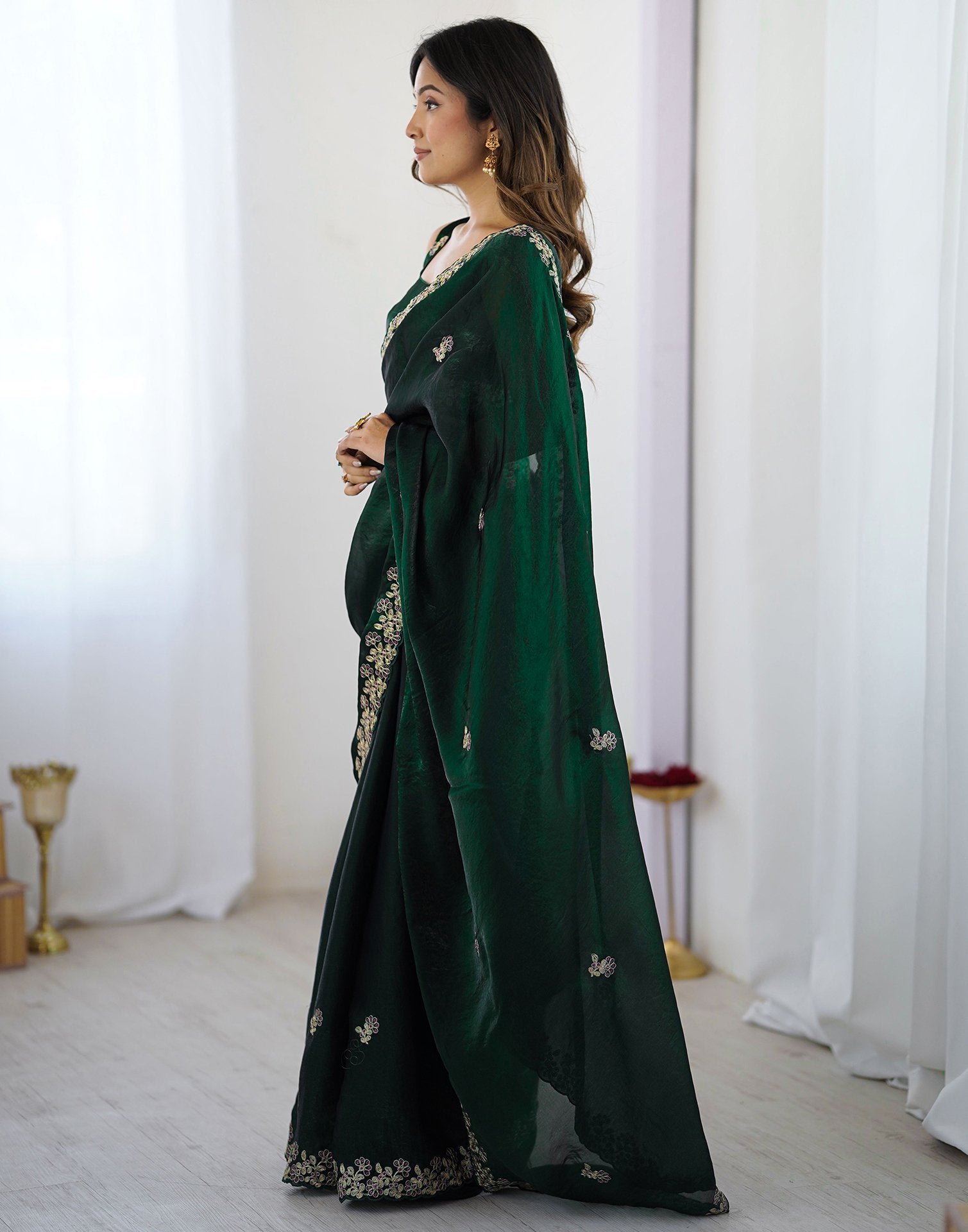 Bottle Green Tissue Silk Sequence Embroidery Saree