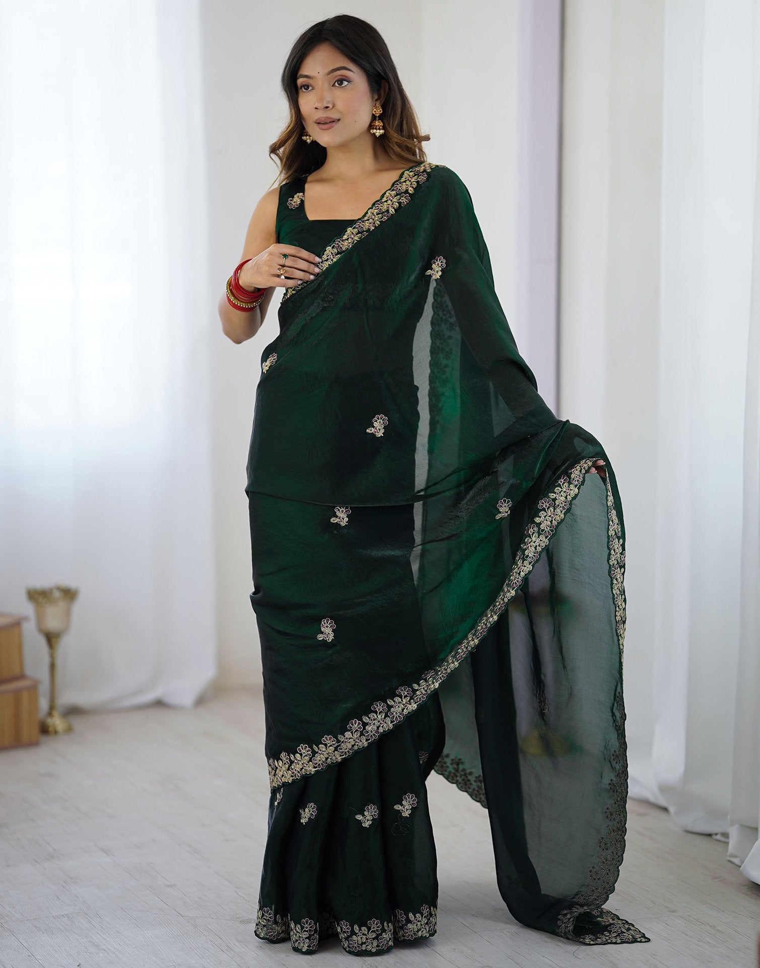 Bottle Green Tissue Silk Sequence Embroidery Saree