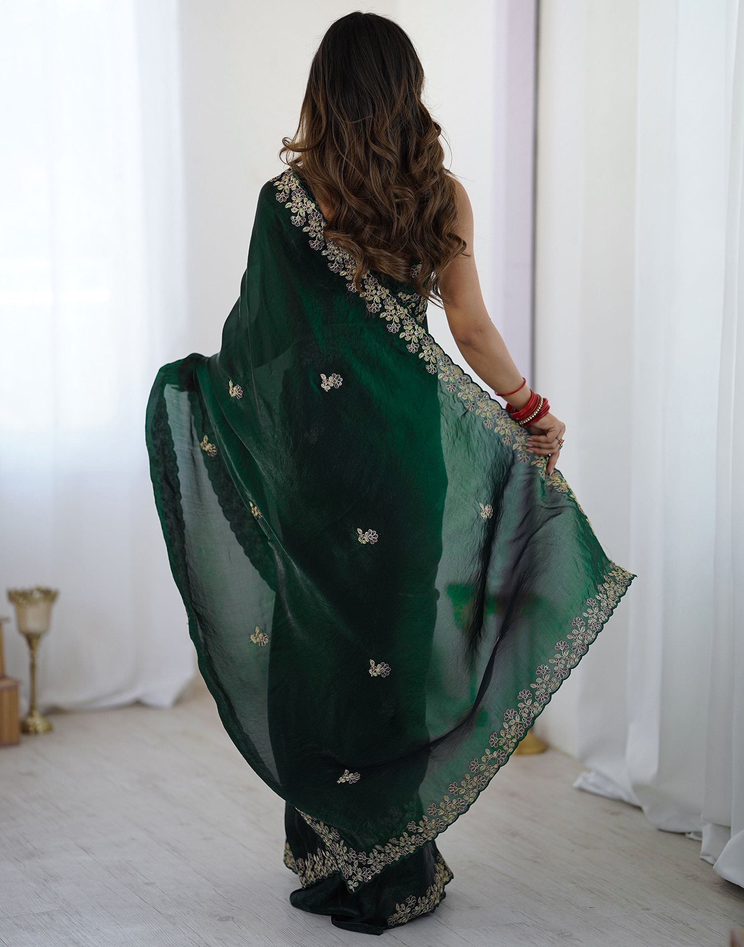 Bottle Green Tissue Silk Sequence Embroidery Saree