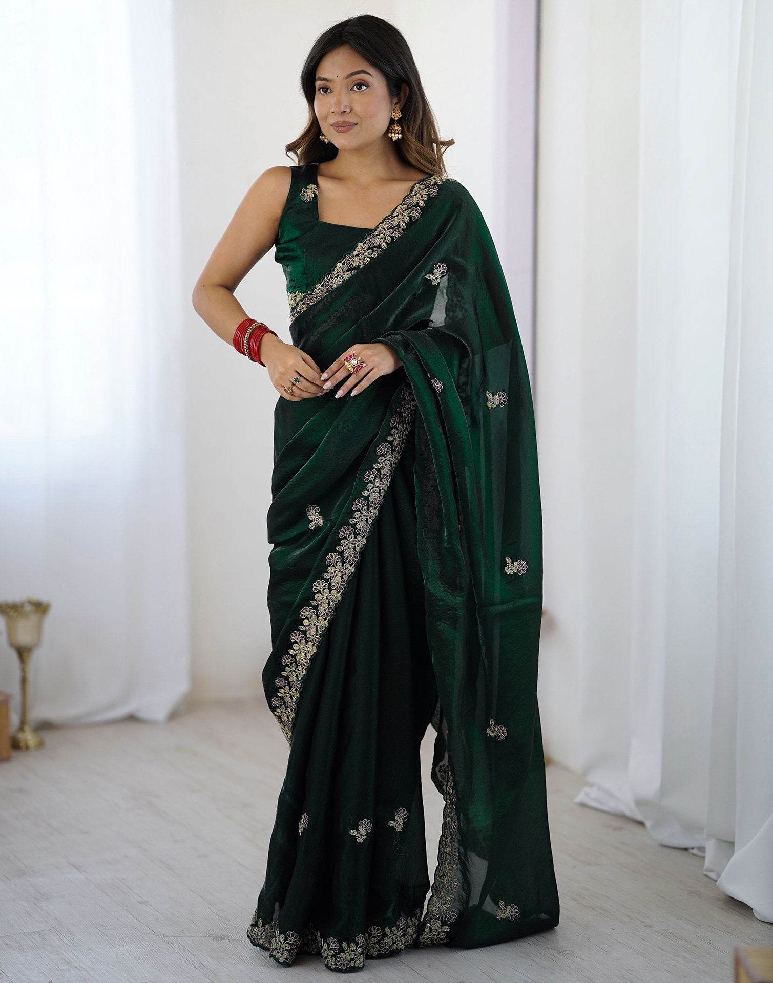 Bottle Green Tissue Silk Sequence Embroidery Saree