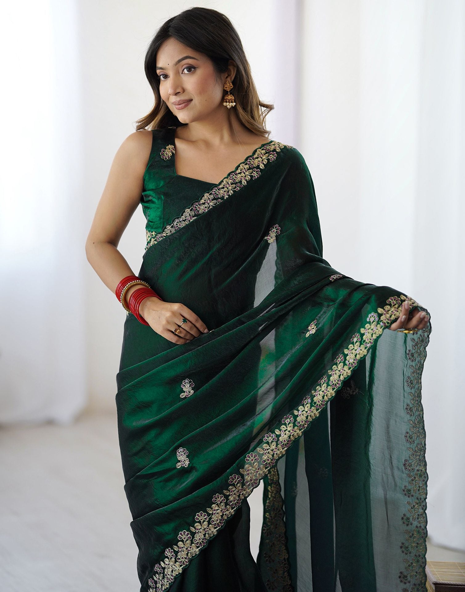 Bottle Green Tissue Silk Sequence Embroidery Saree