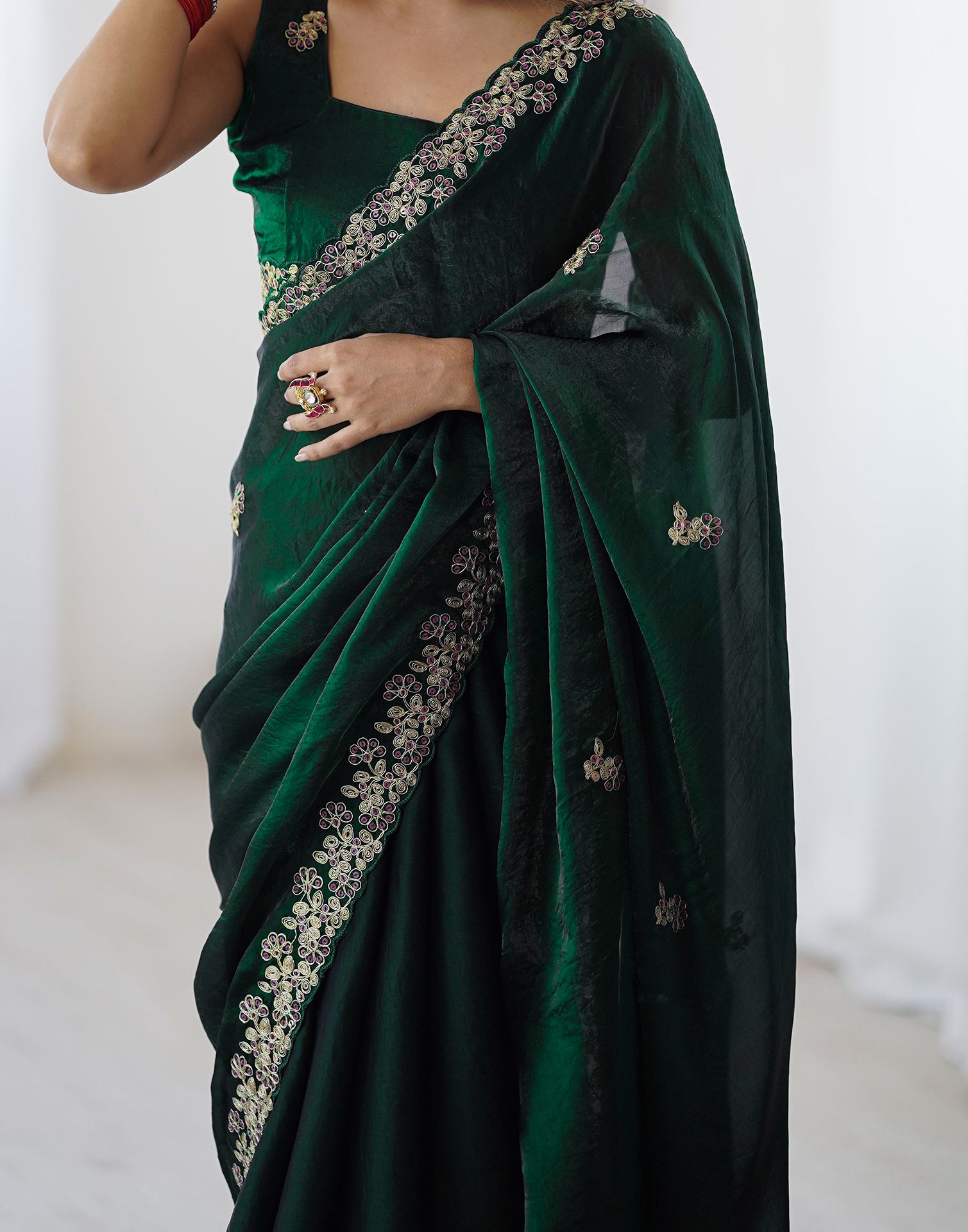 Bottle Green Tissue Silk Sequence Embroidery Saree