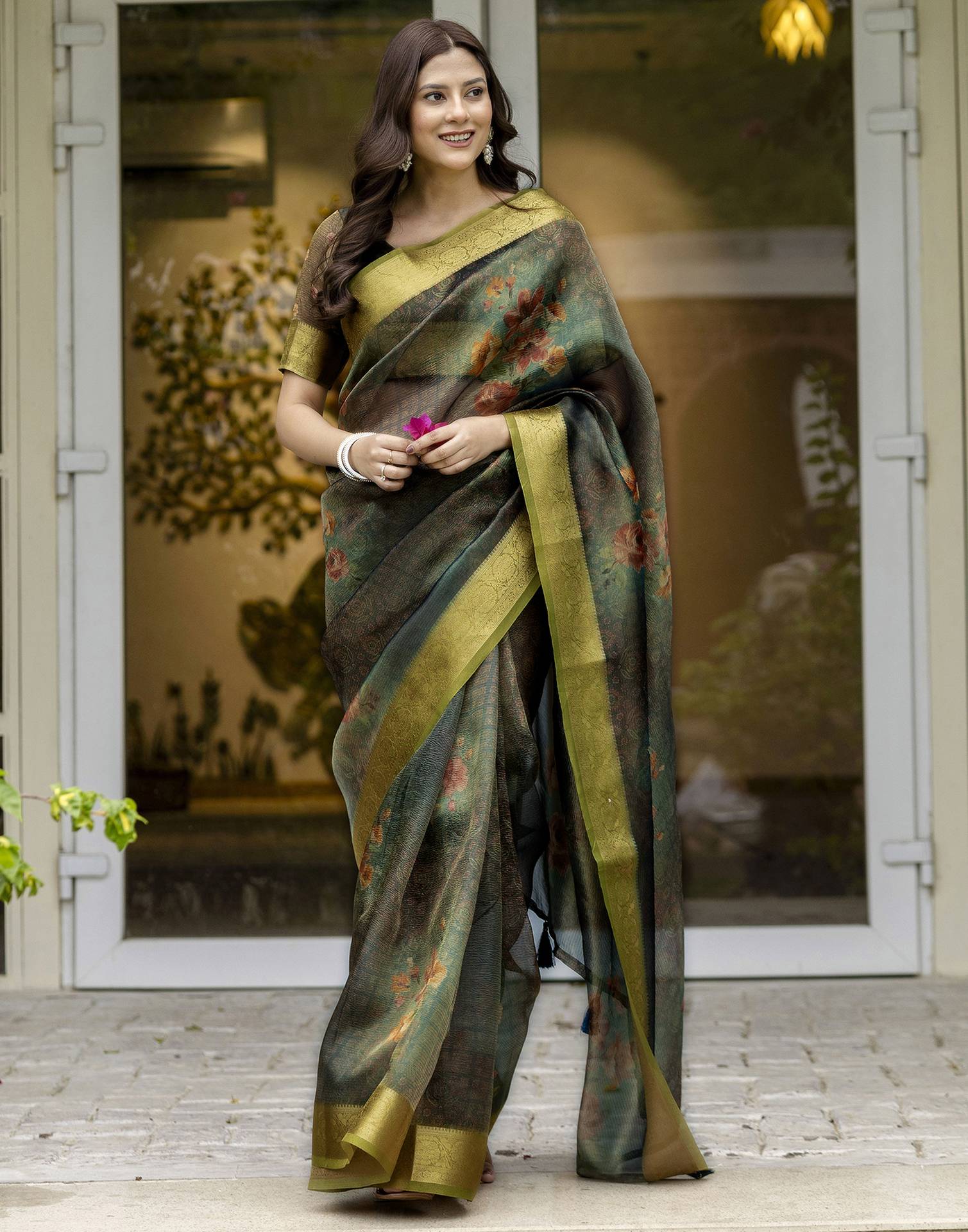 Teal Green Shimmer Organza Printed Saree
