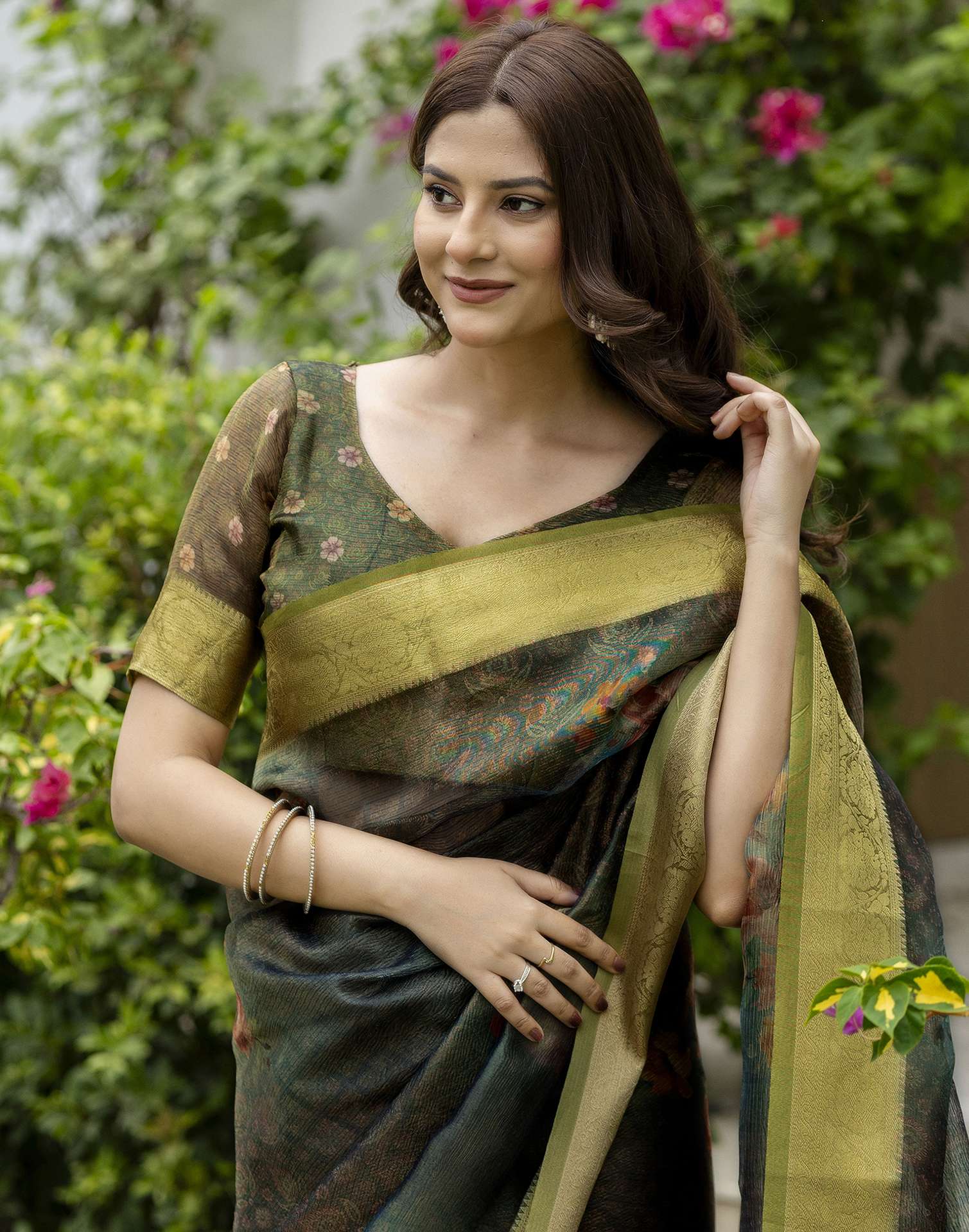 Teal Green Shimmer Organza Printed Saree