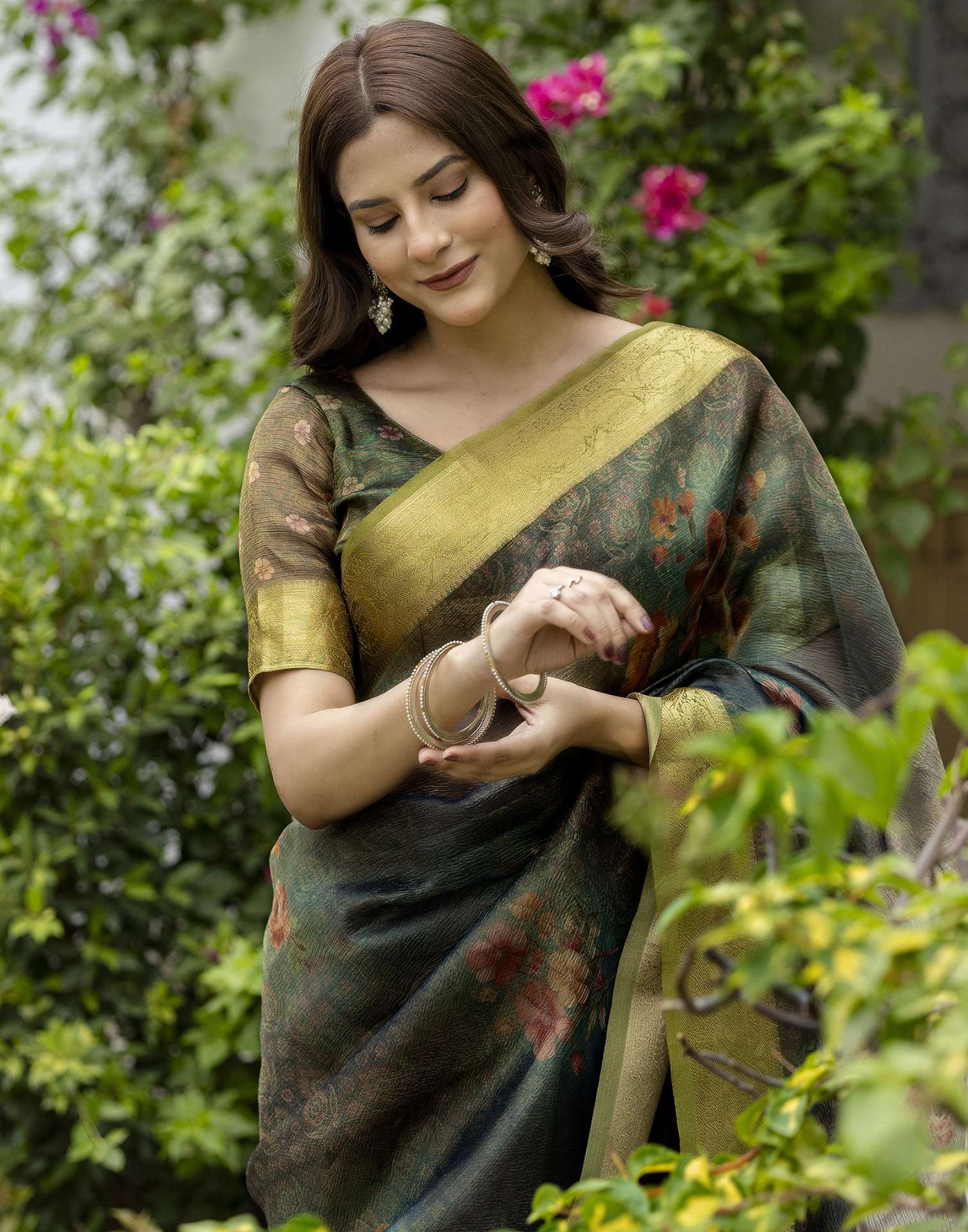 Teal Green Shimmer Organza Printed Saree