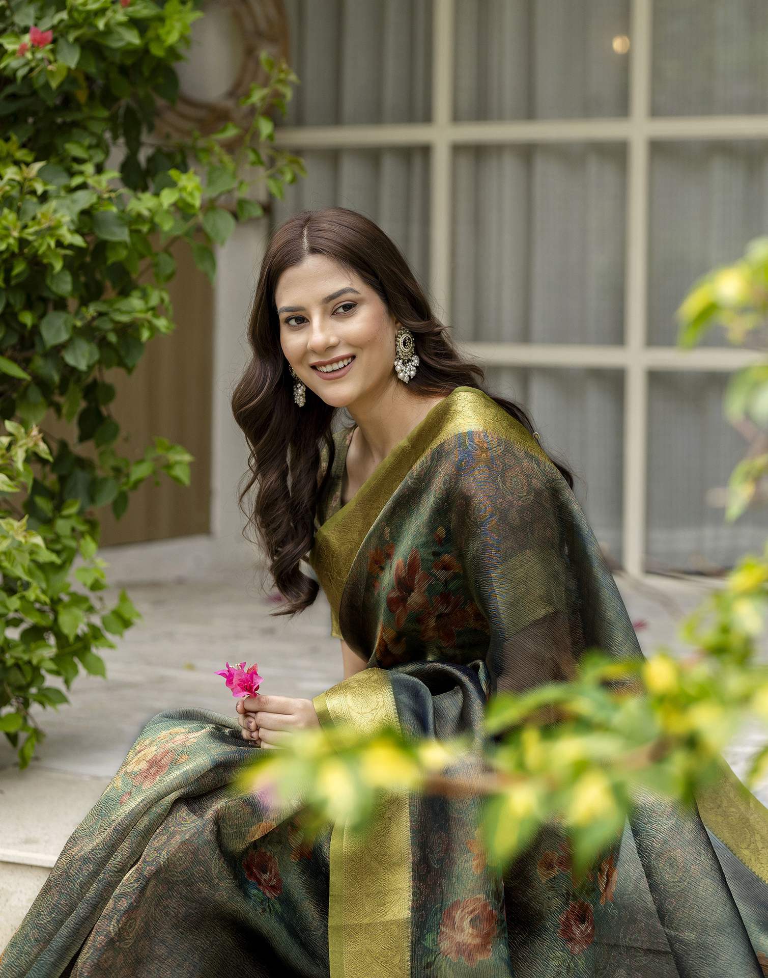 Teal Green Shimmer Organza Printed Saree