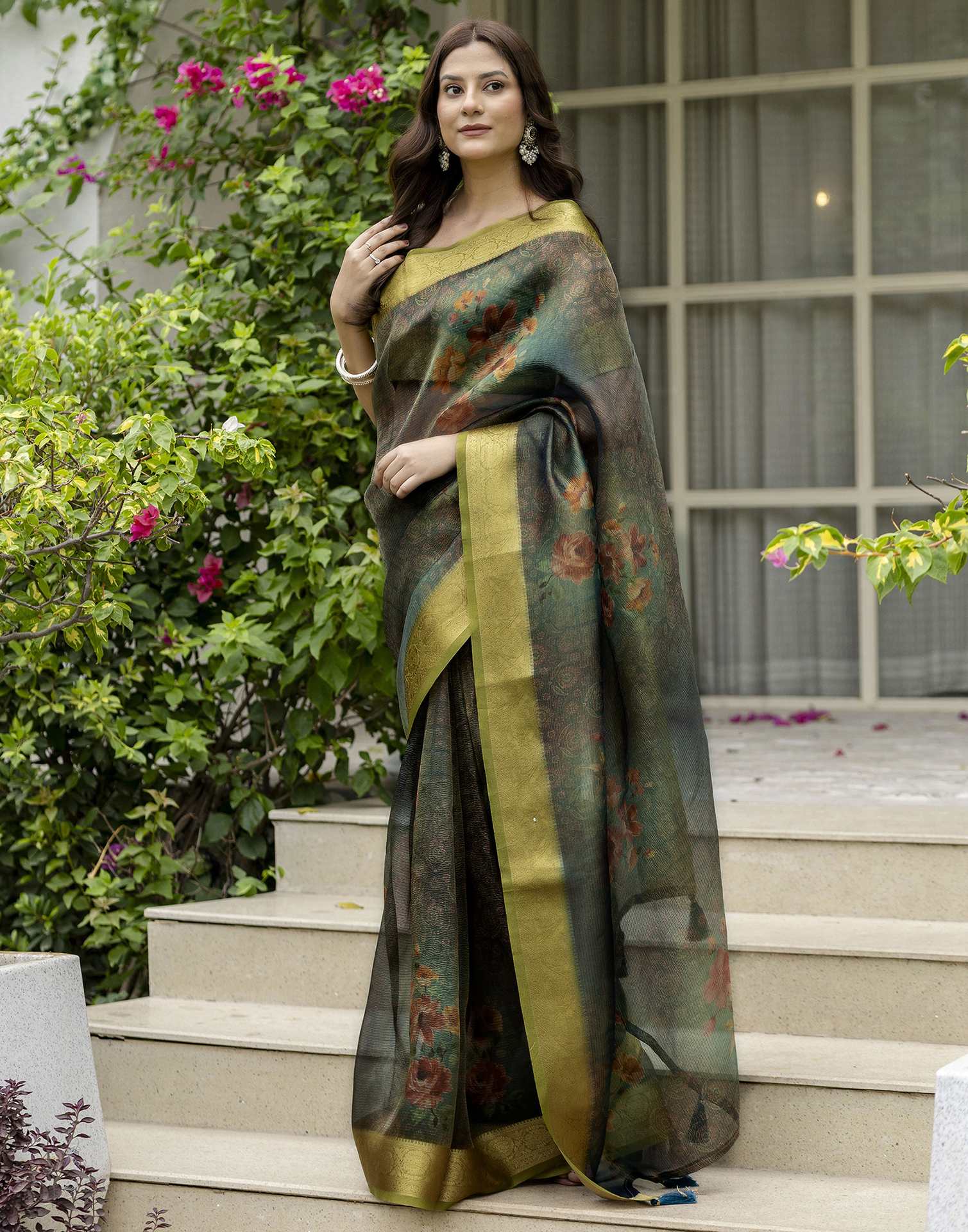 Teal Green Shimmer Organza Printed Saree