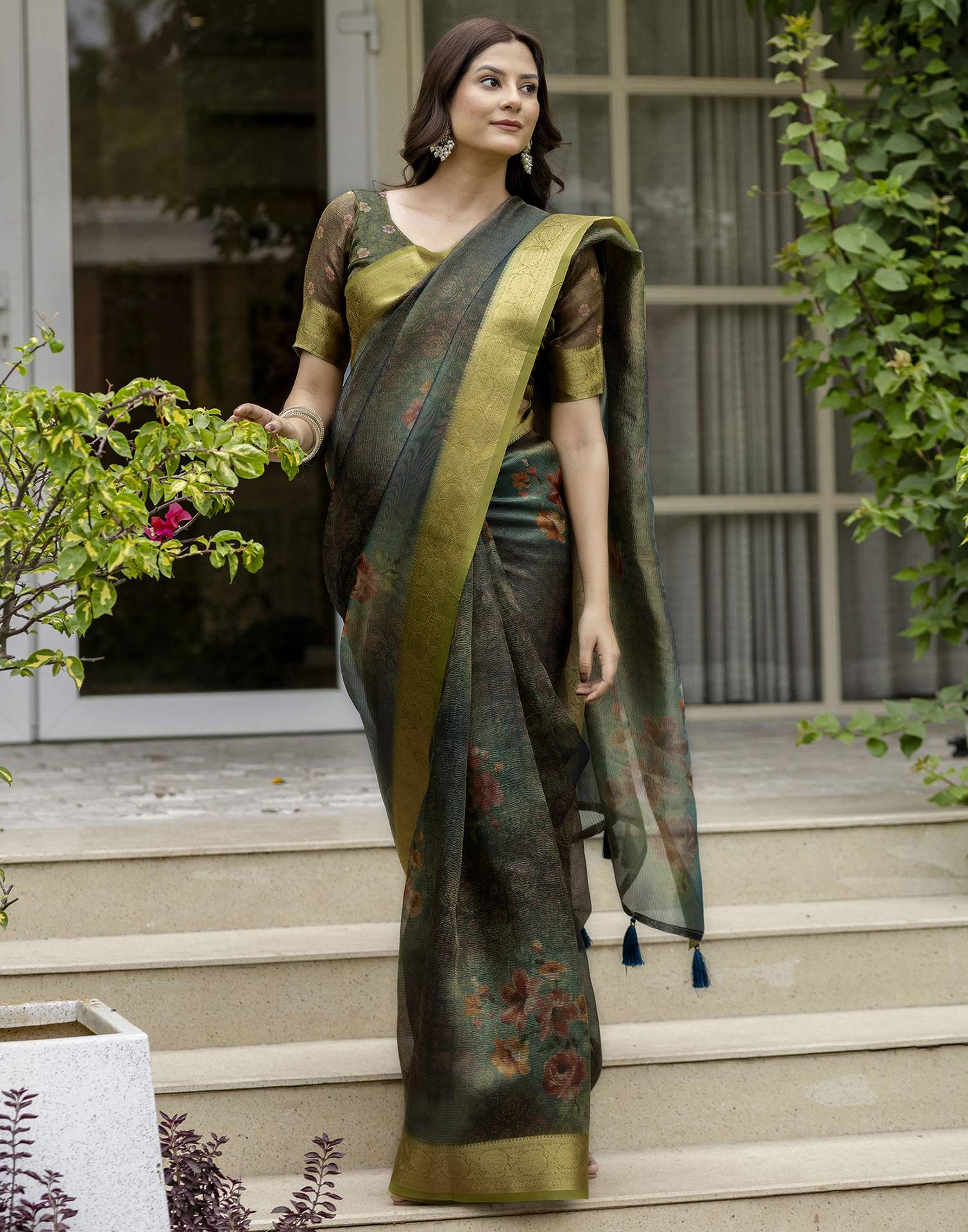 Teal Green Shimmer Organza Printed Saree