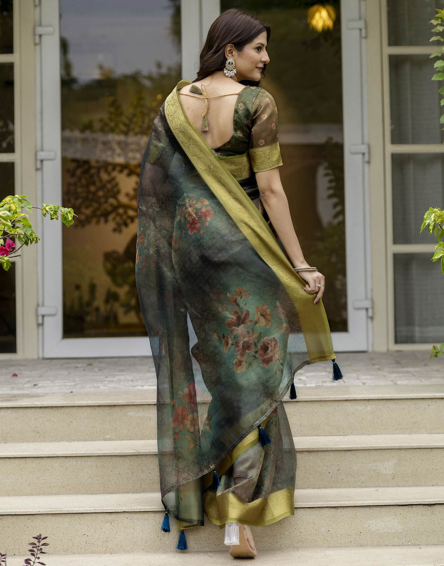 Teal Green Shimmer Organza Printed Saree