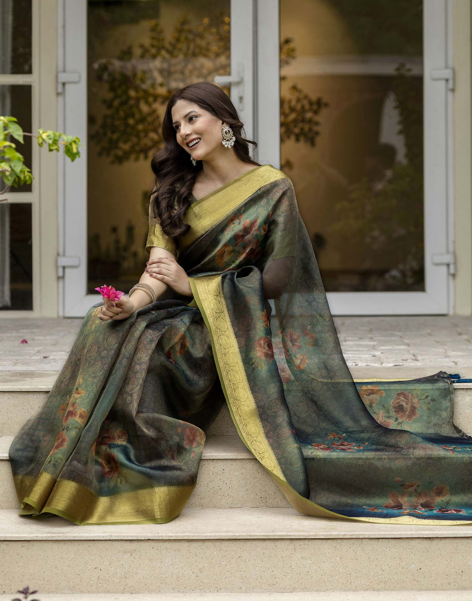 Teal Green Shimmer Organza Printed Saree