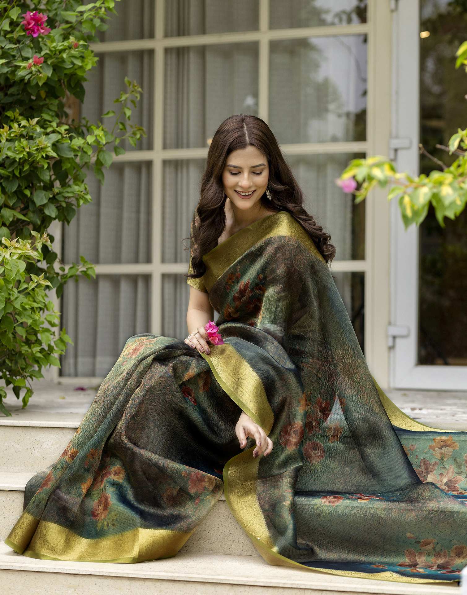 Teal Green Shimmer Organza Printed Saree