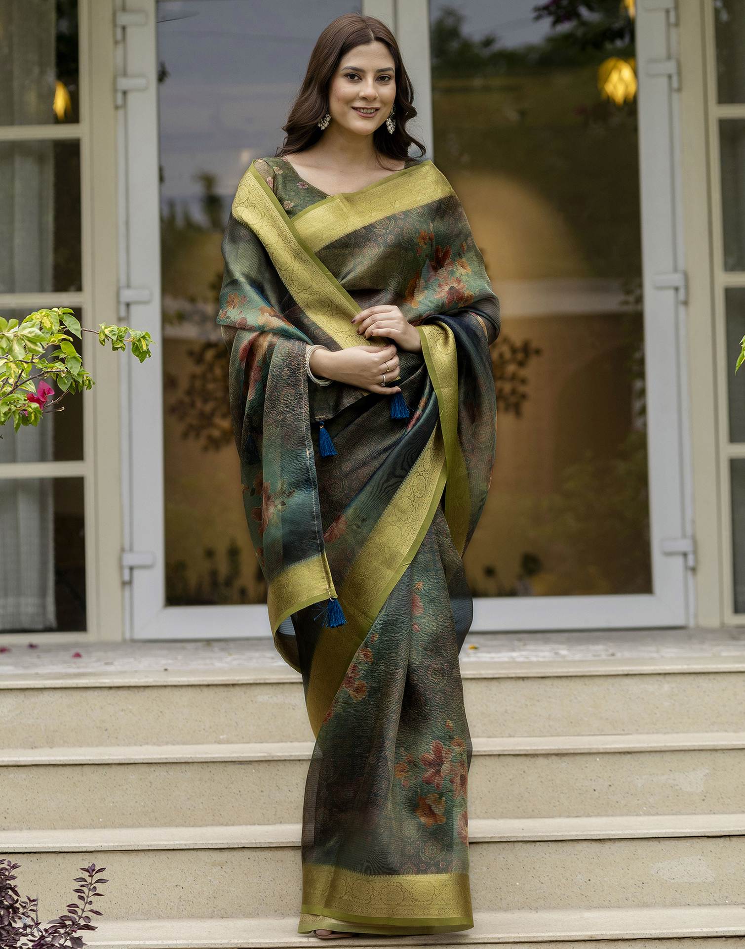 Teal Green Shimmer Organza Printed Saree