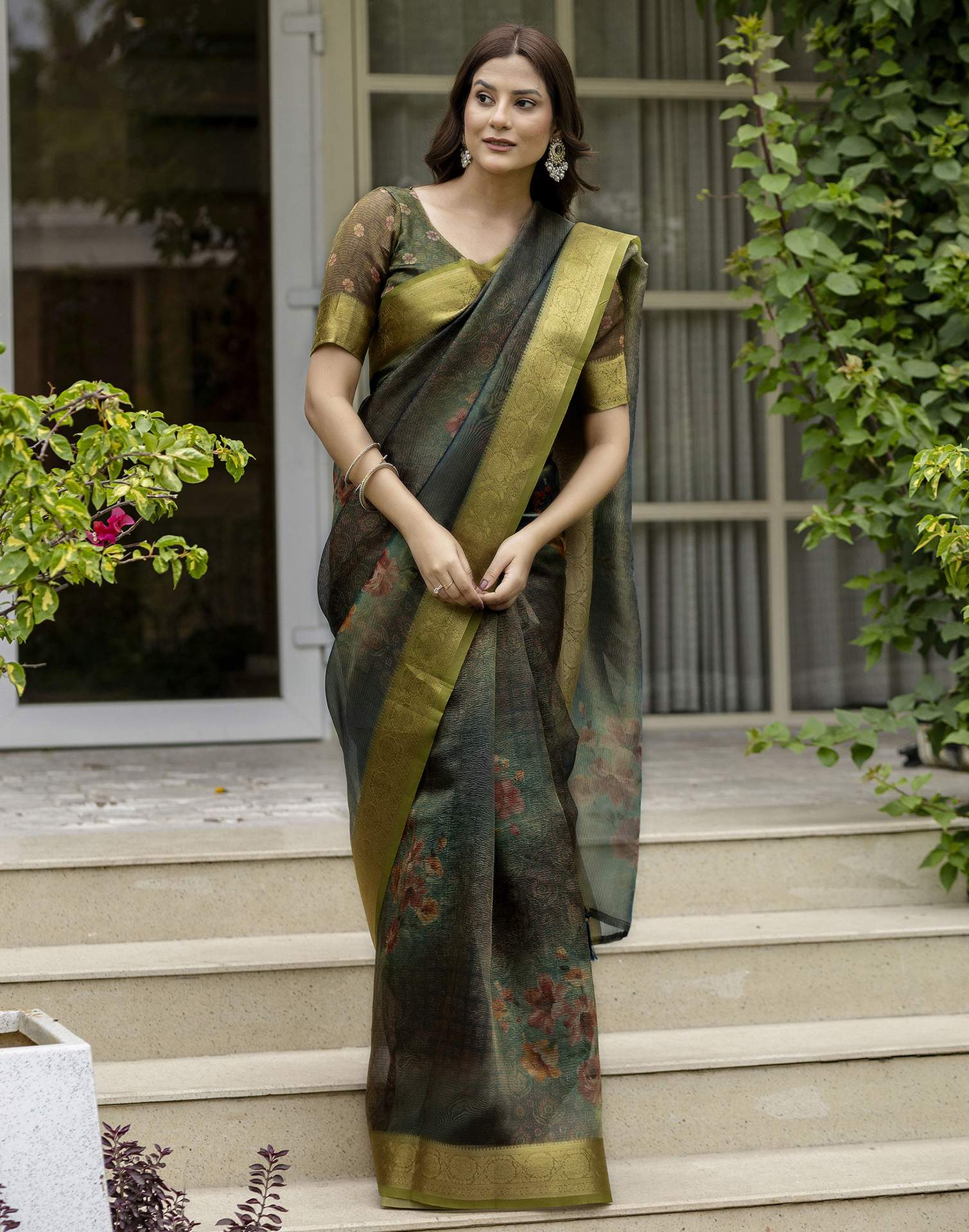 Teal Green Shimmer Organza Printed Saree