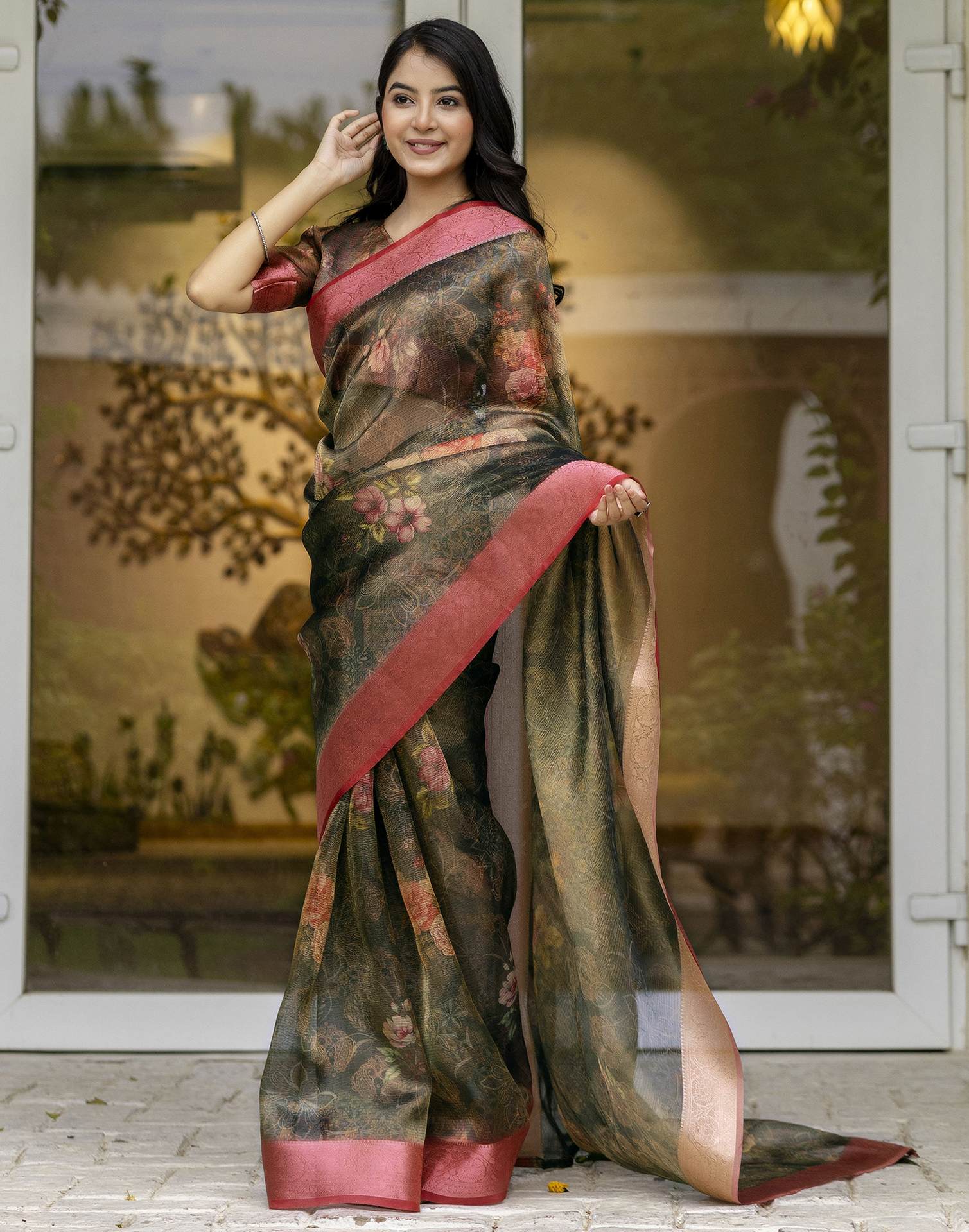Dark Green Shimmer Organza Printed Saree