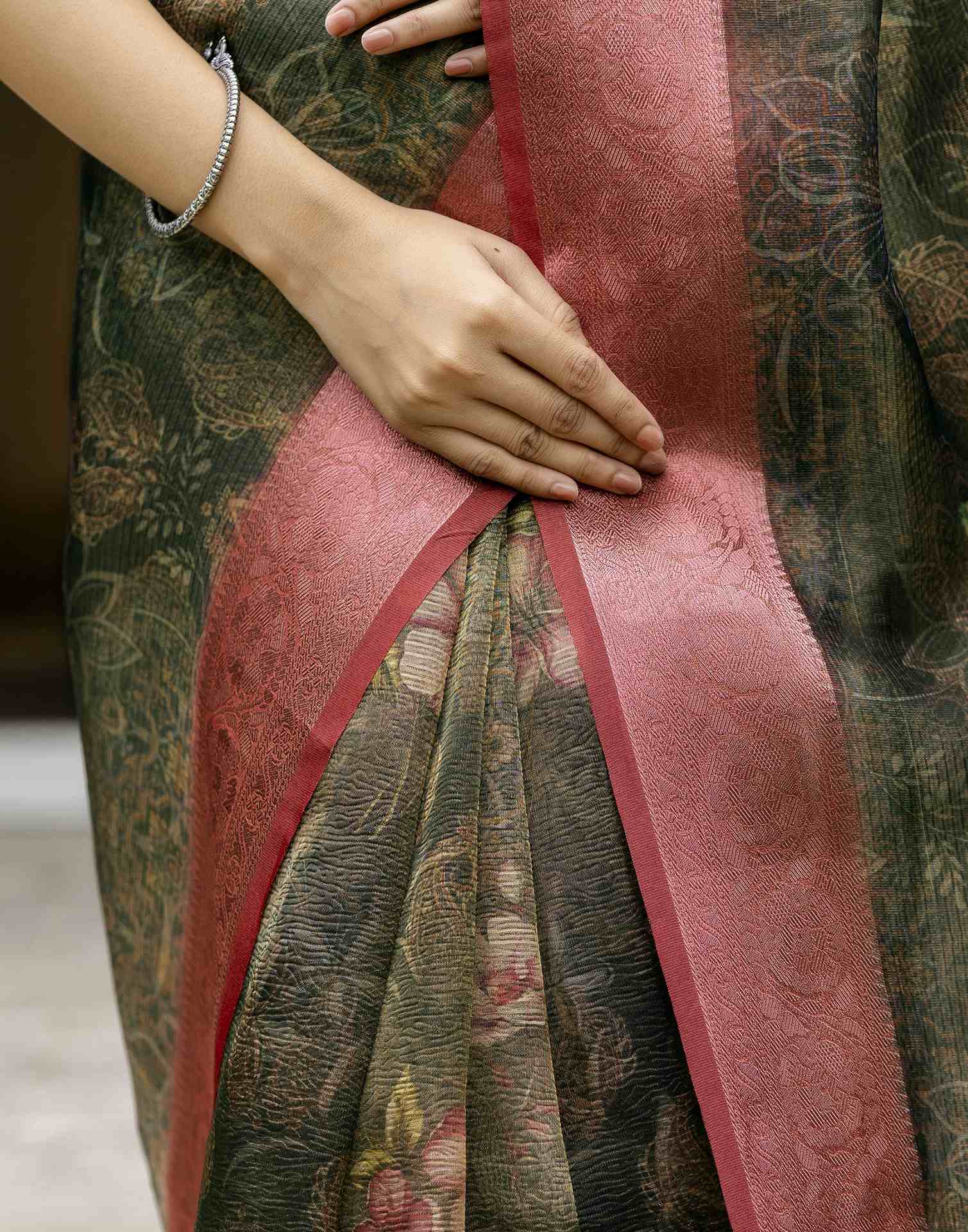 Dark Green Shimmer Organza Printed Saree
