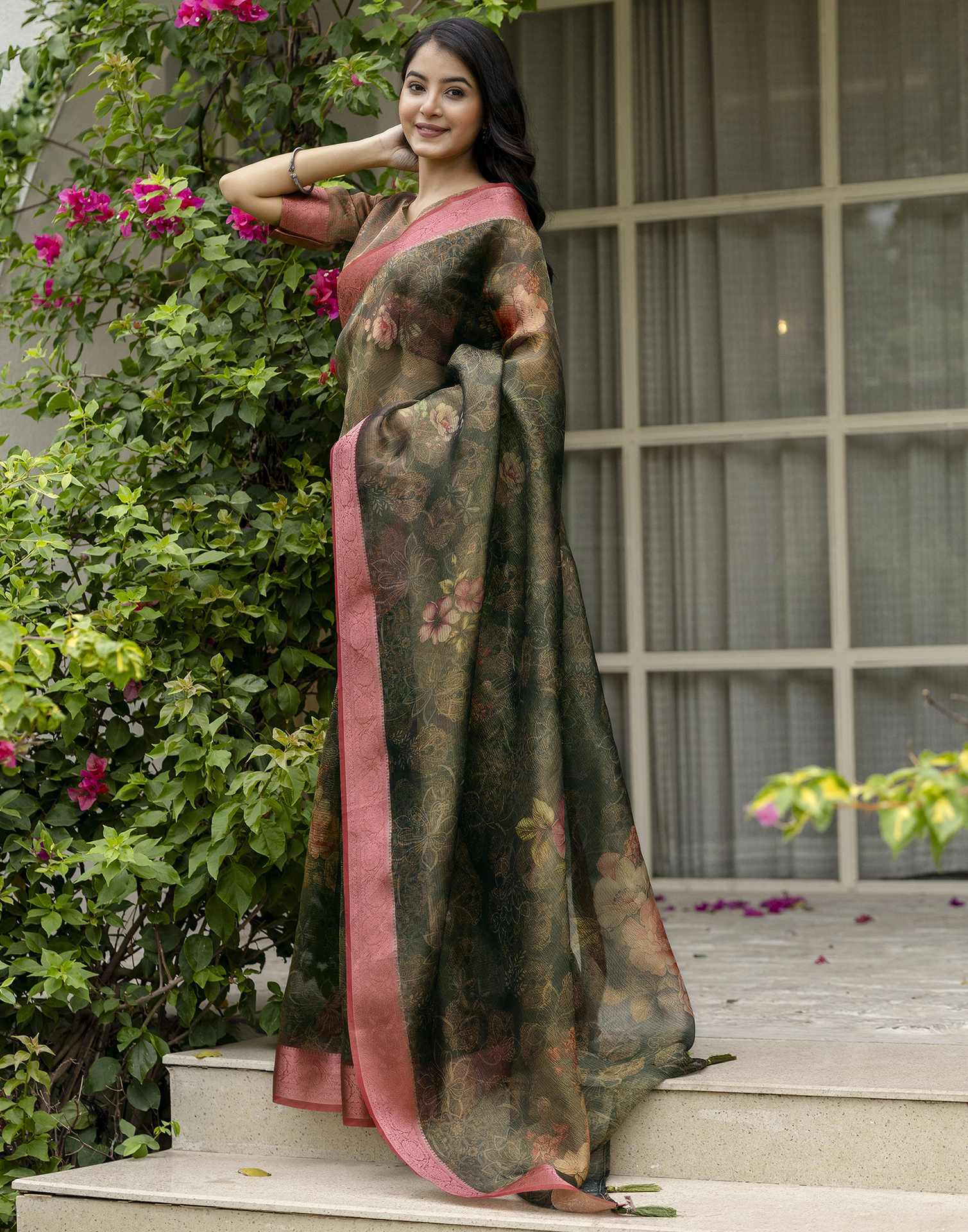 Dark Green Shimmer Organza Printed Saree