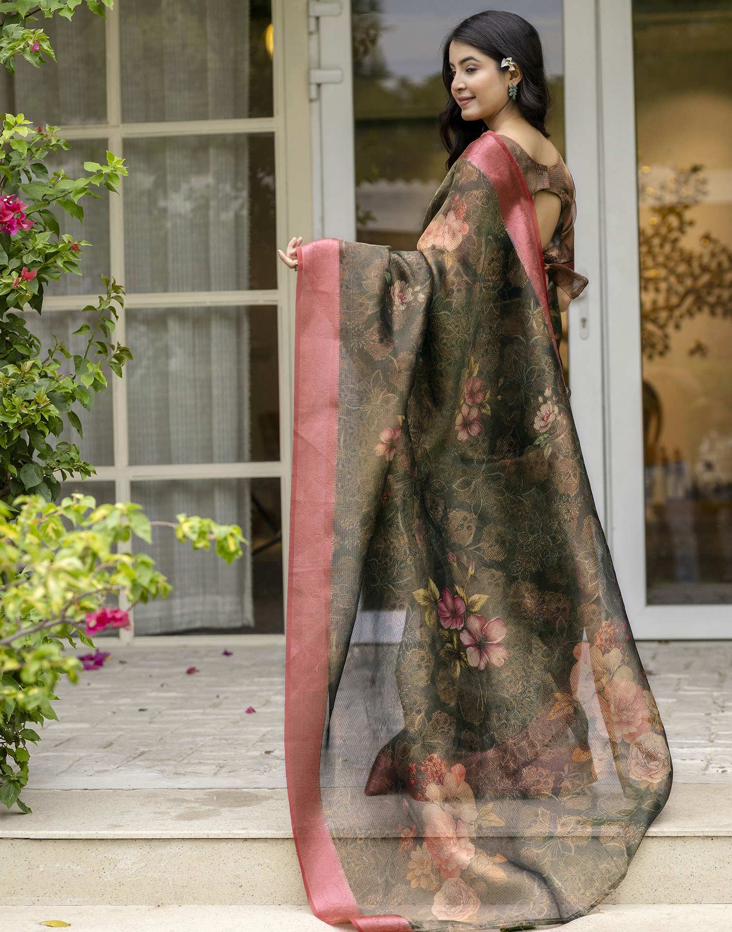 Dark Green Shimmer Organza Printed Saree