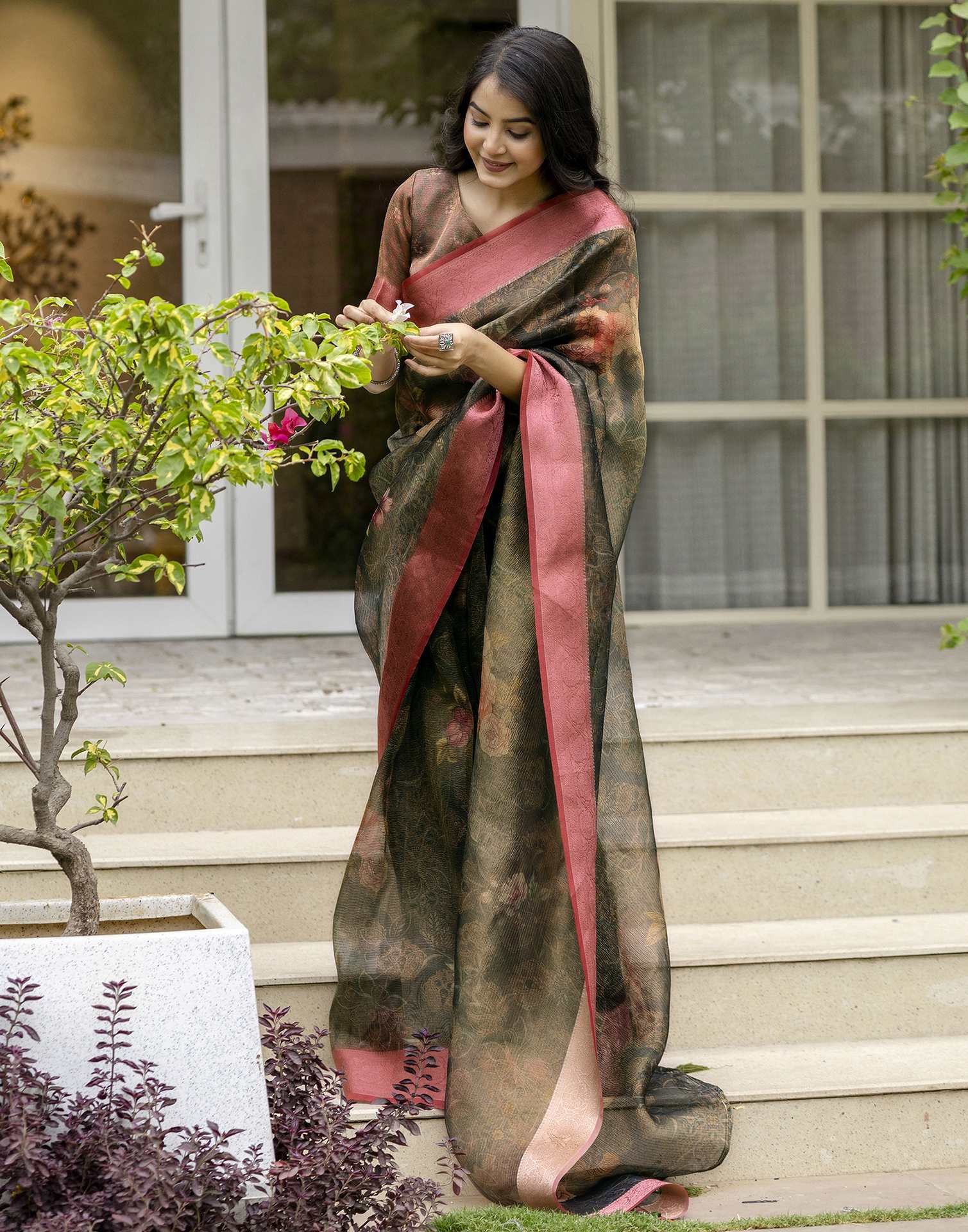 Dark Green Shimmer Organza Printed Saree