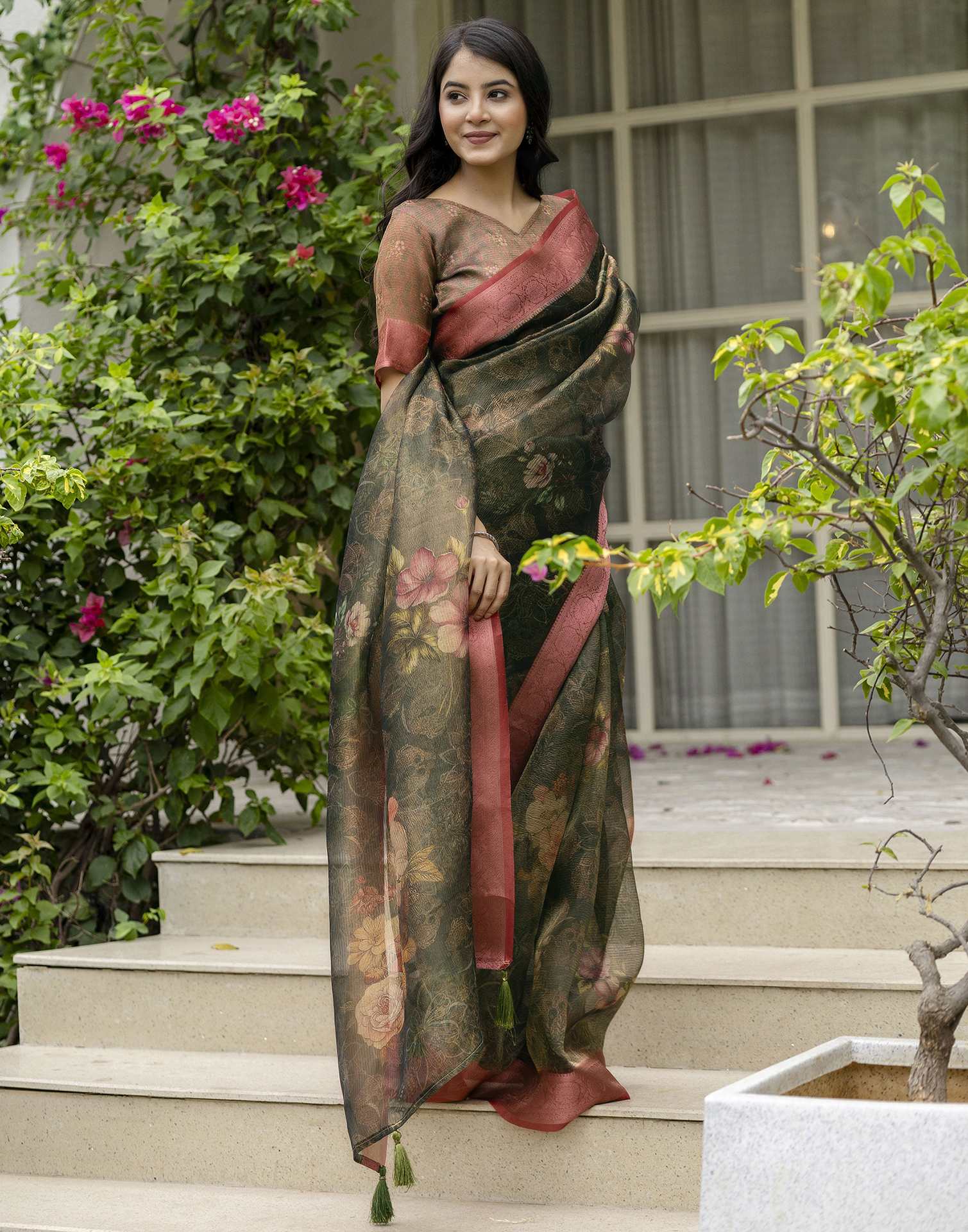Dark Green Shimmer Organza Printed Saree