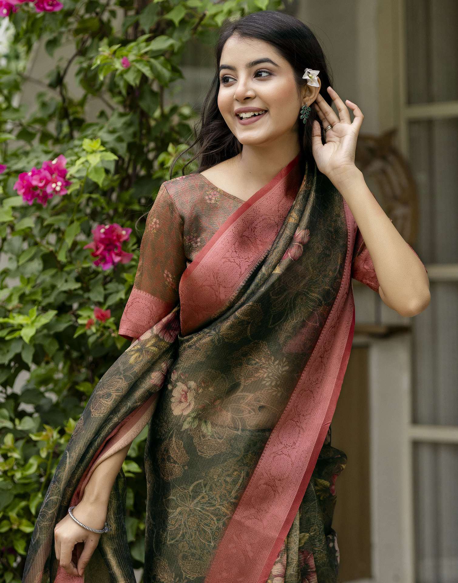 Dark Green Shimmer Organza Printed Saree