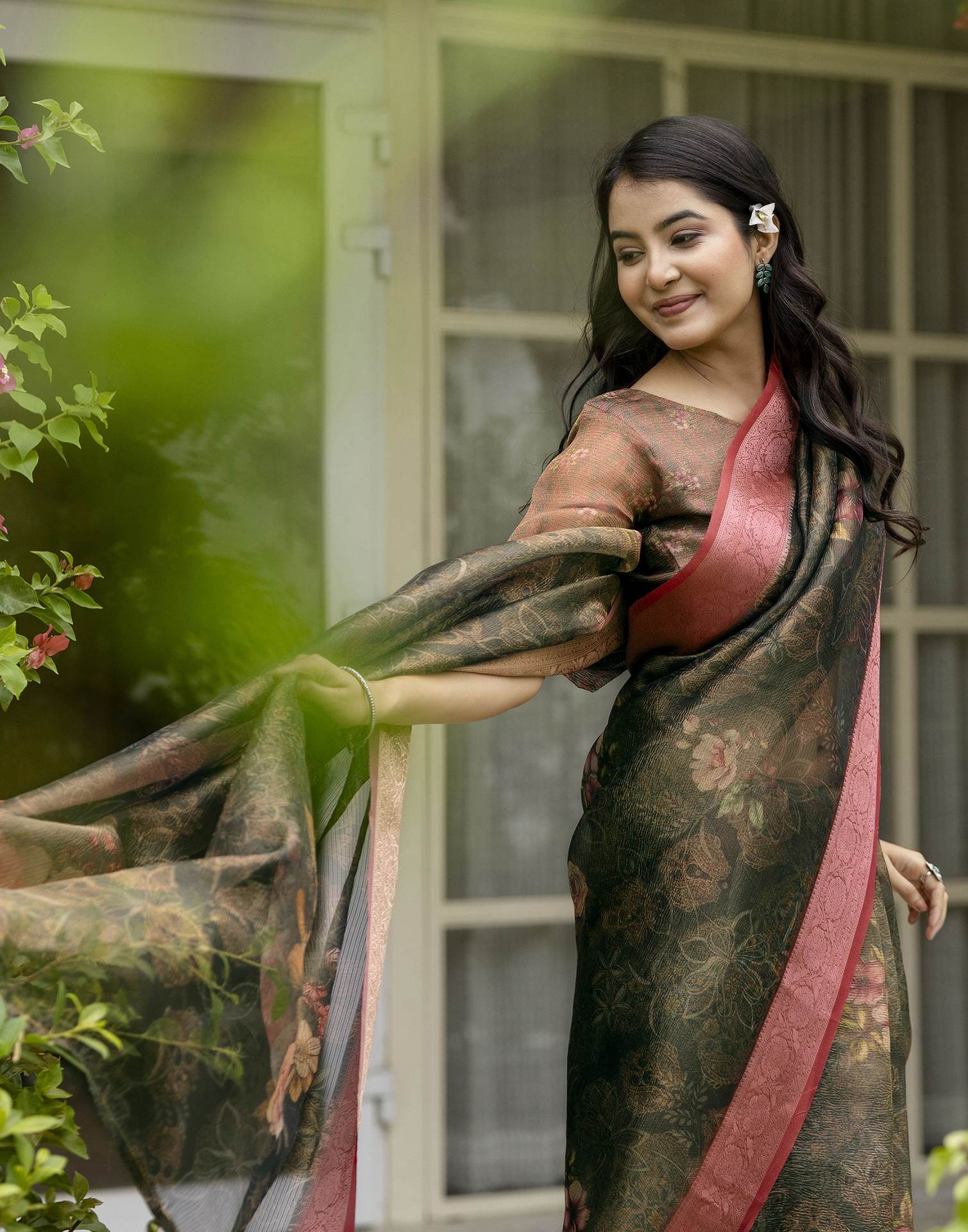 Dark Green Shimmer Organza Printed Saree