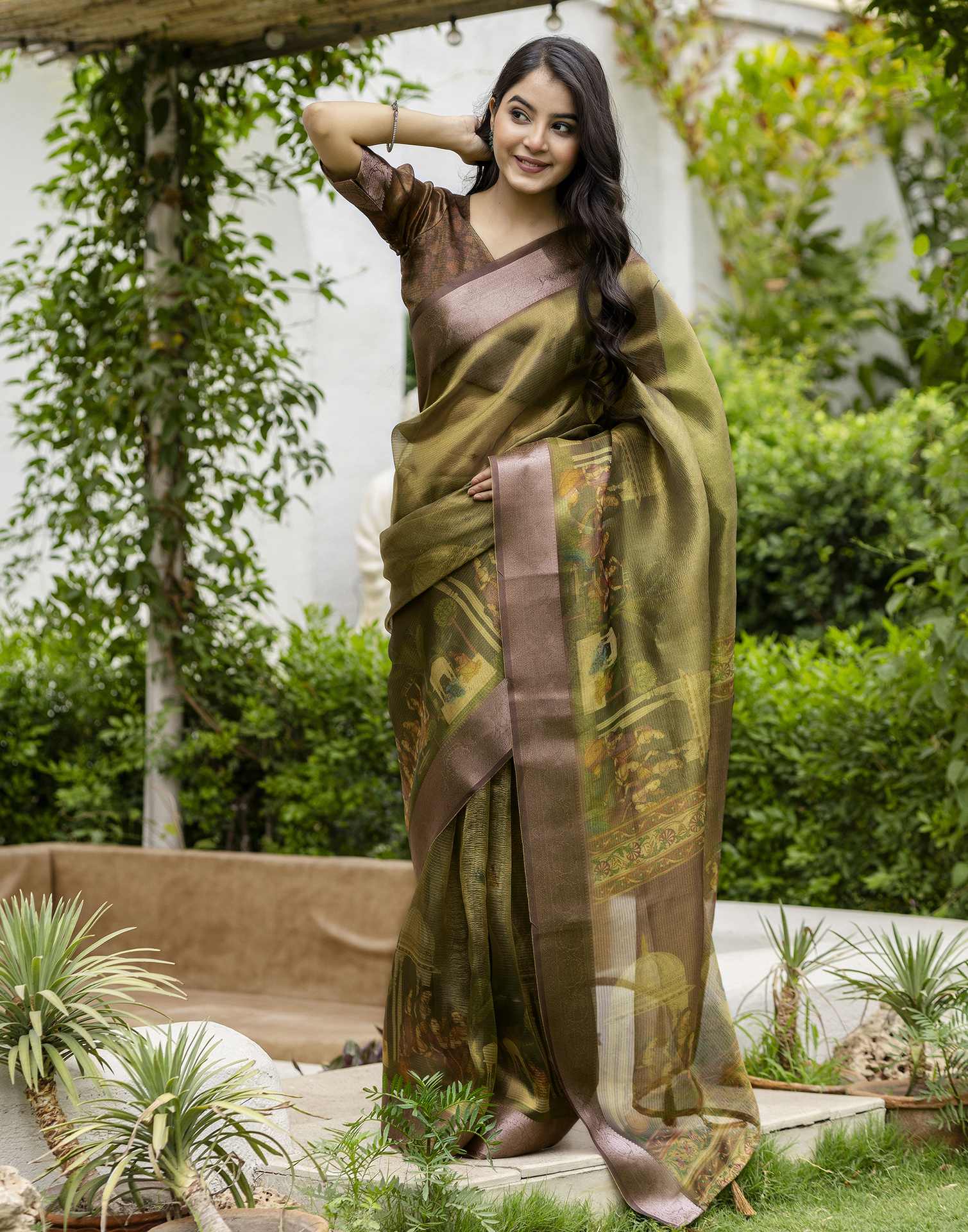 Green Shimmer Organza Printed Saree