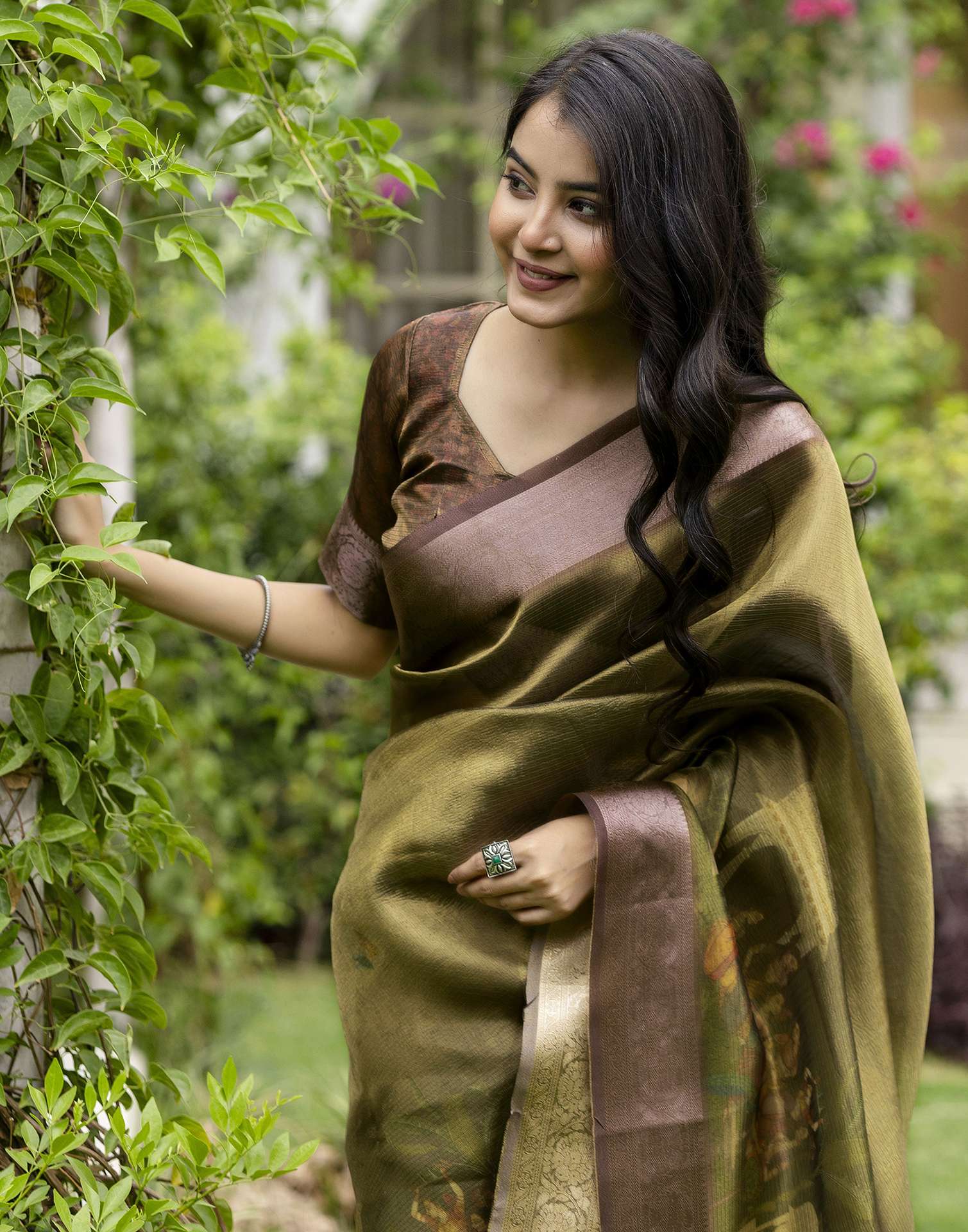 Green Shimmer Organza Printed Saree