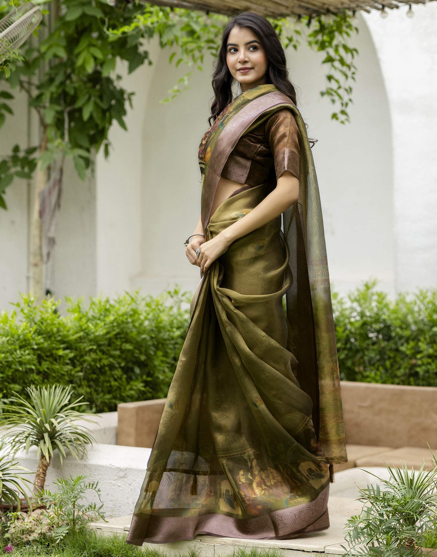 Green Shimmer Organza Printed Saree