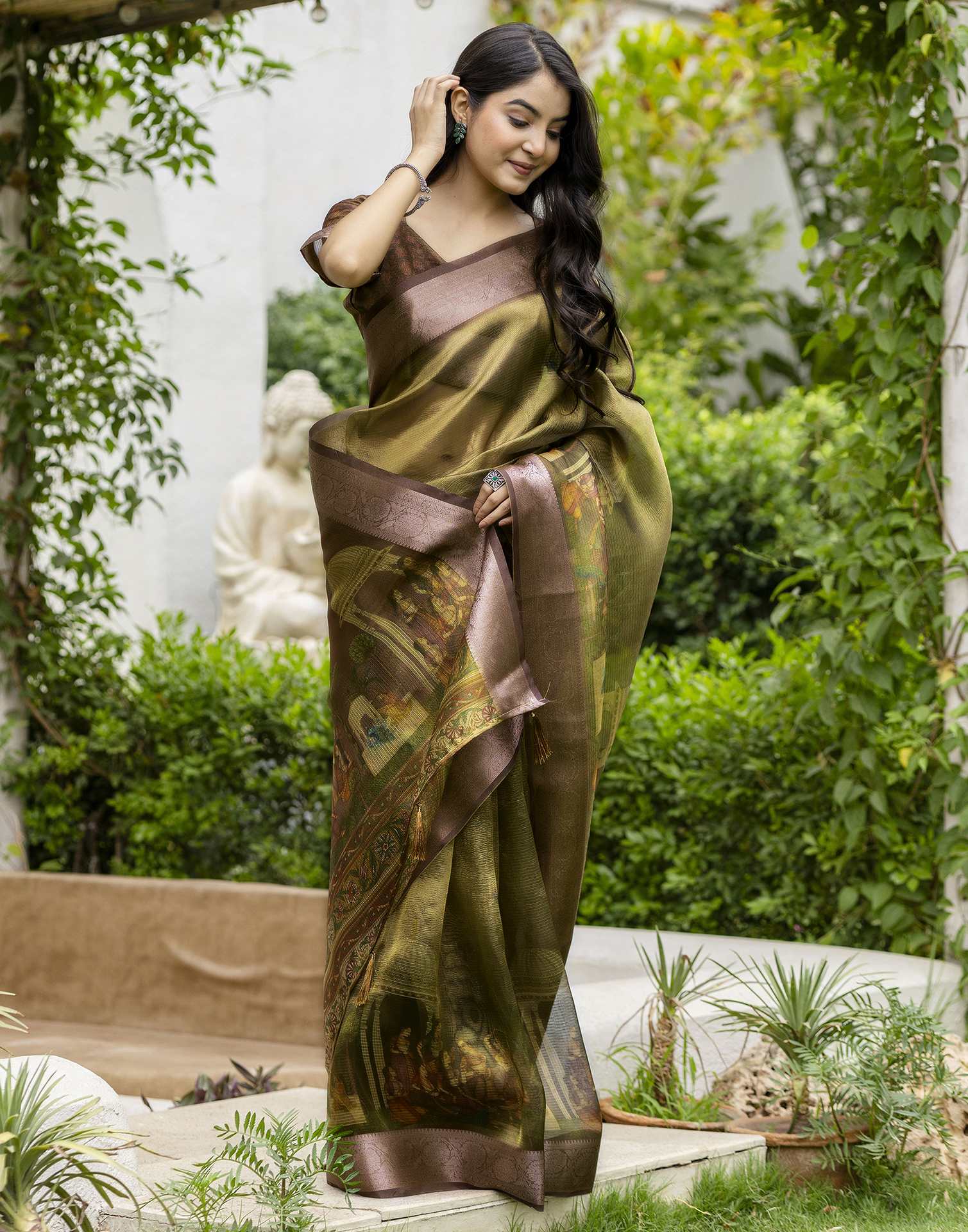 Green Shimmer Organza Printed Saree