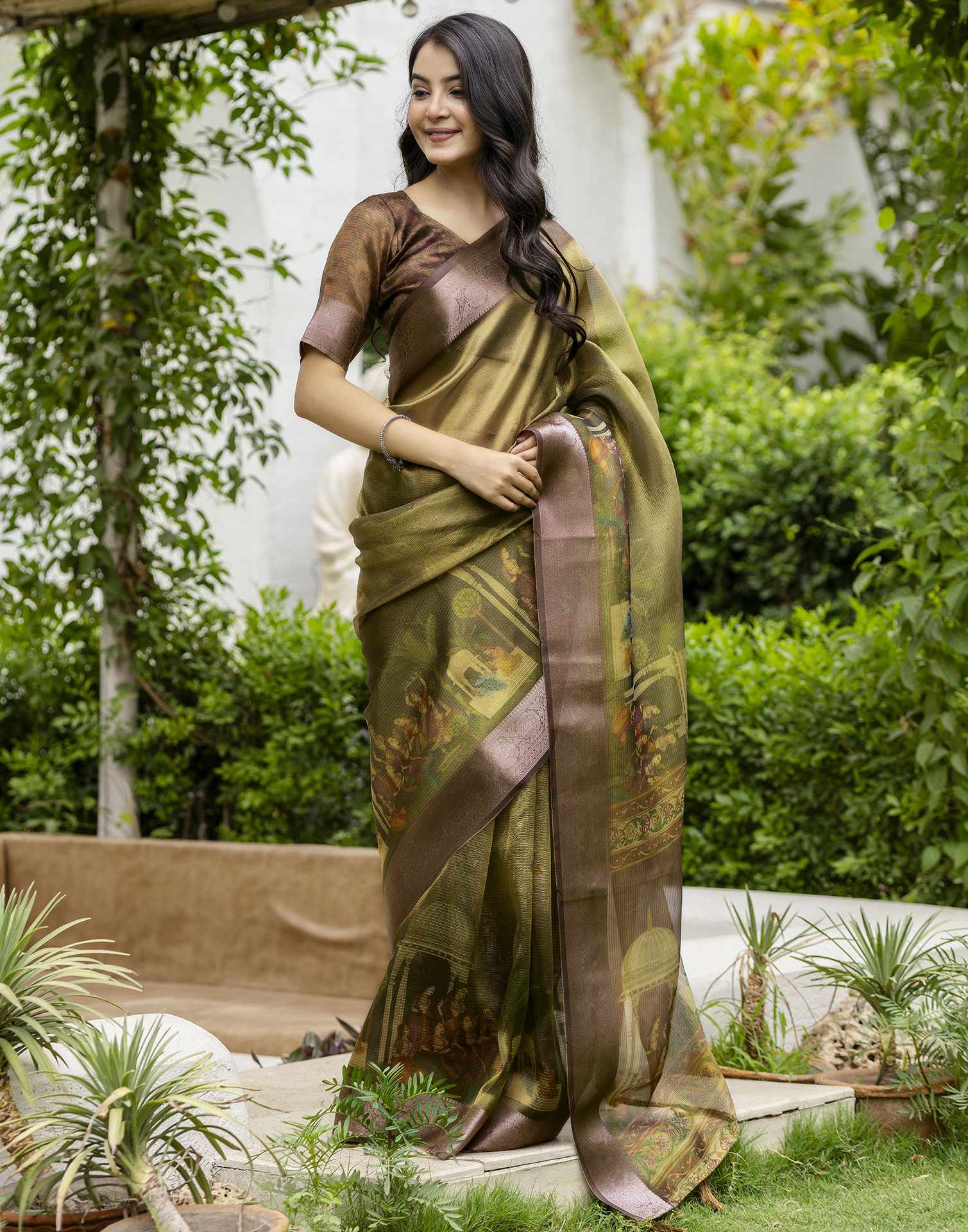 Green Shimmer Organza Printed Saree
