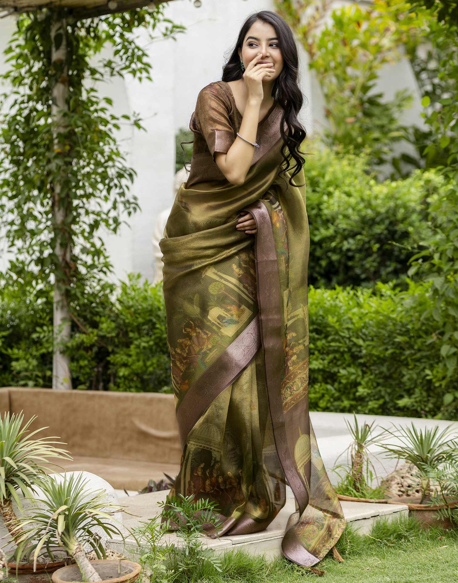 Green Shimmer Organza Printed Saree