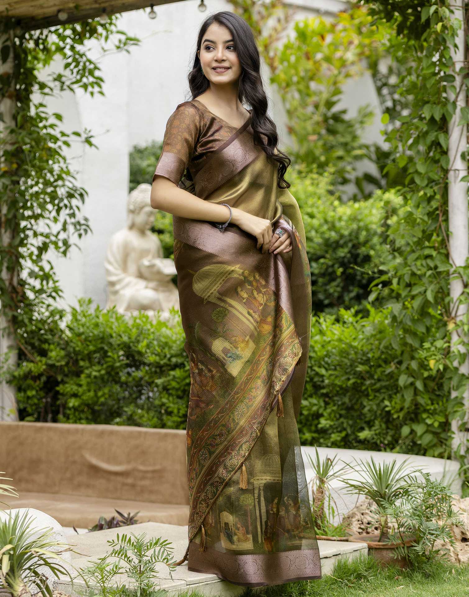 Green Shimmer Organza Printed Saree