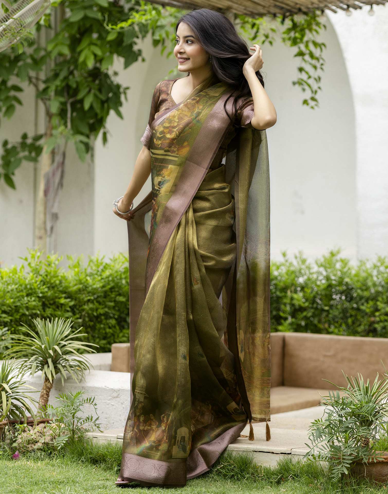 Green Shimmer Organza Printed Saree