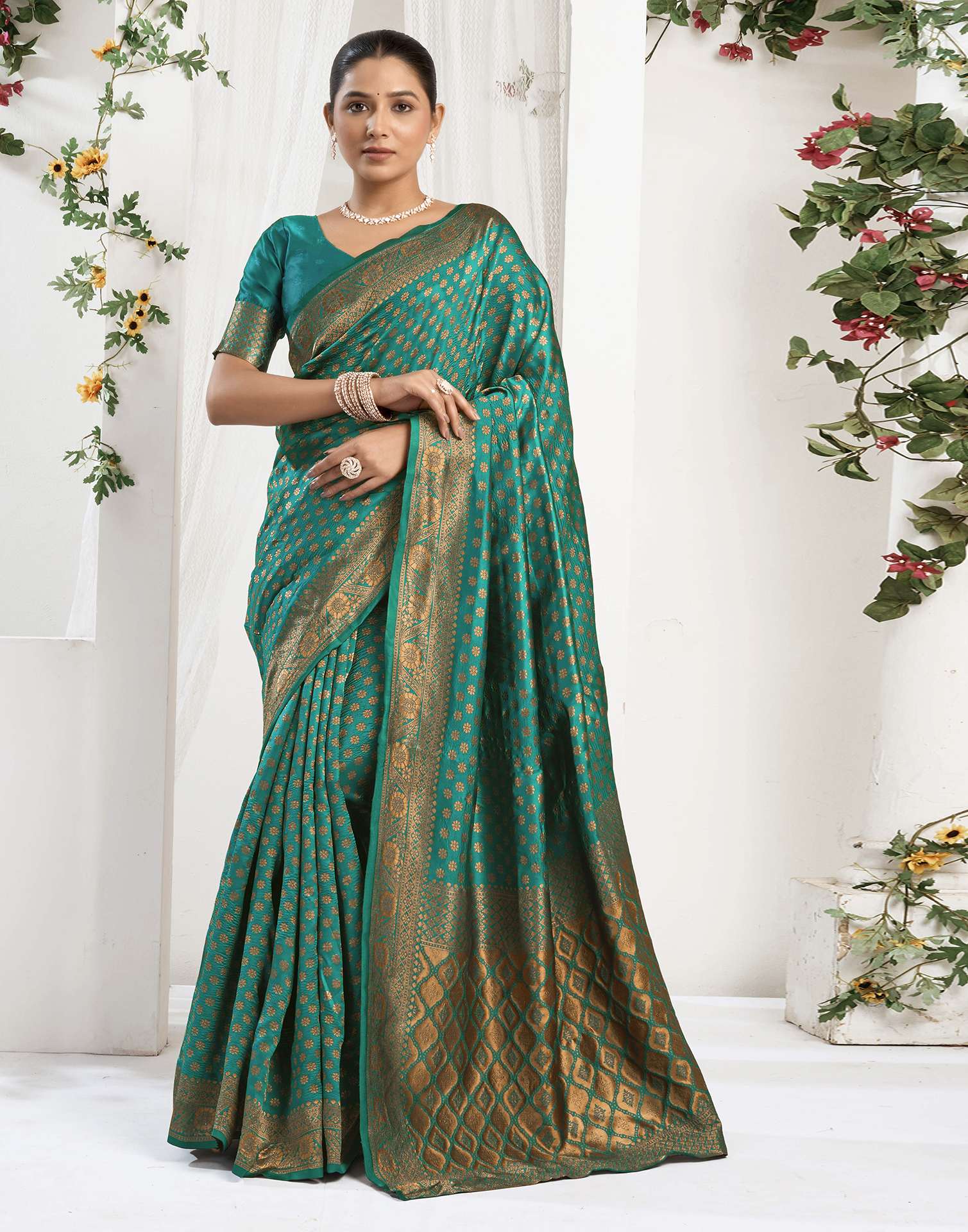 Teal Green Silk Woven Banarasi Saree