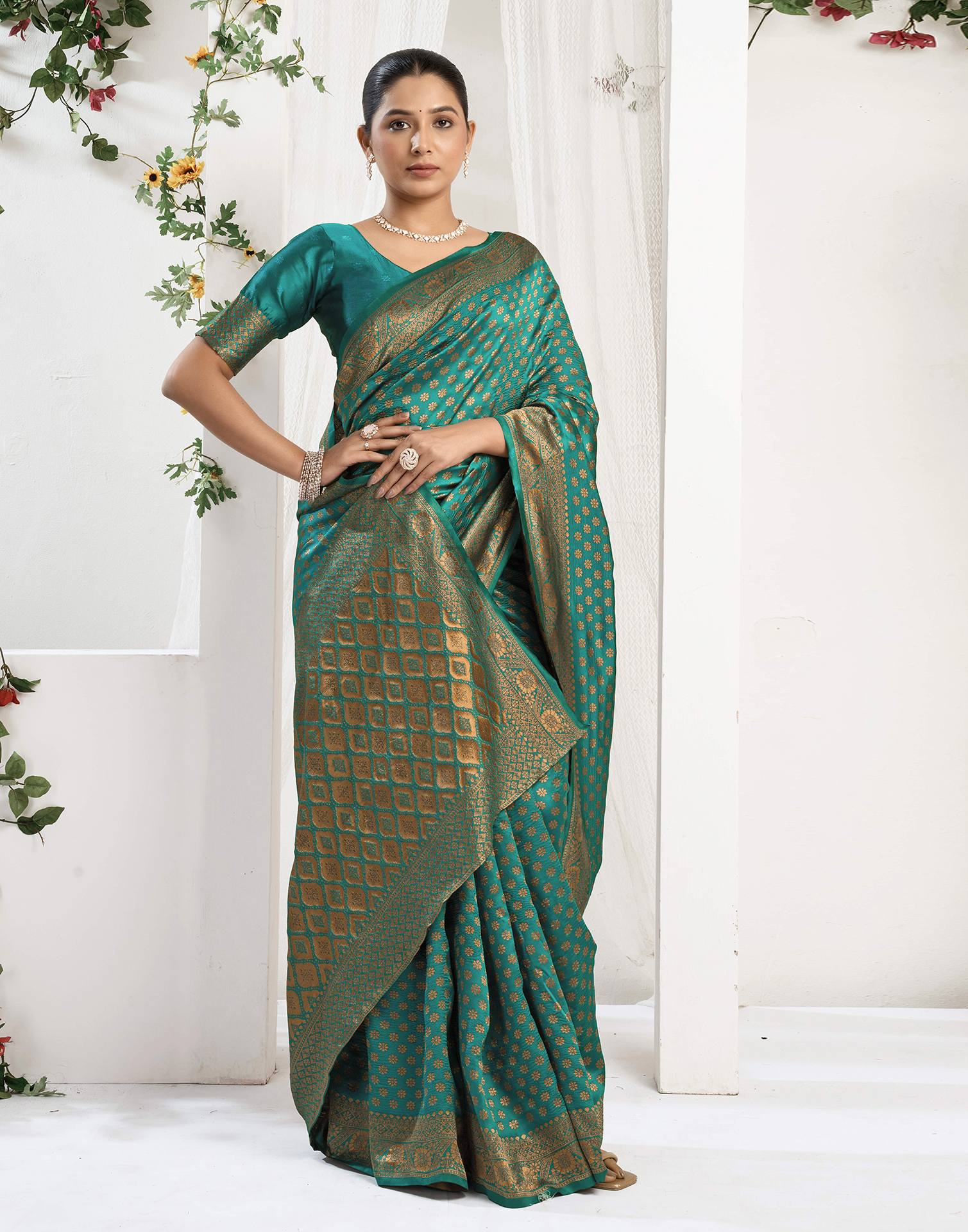 Teal Green Silk Woven Banarasi Saree