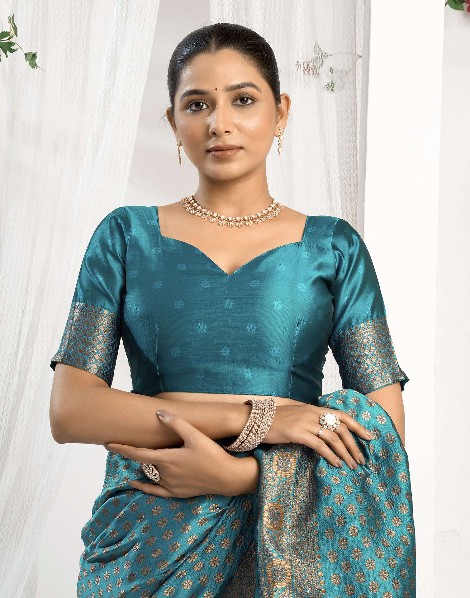 Teal Blue Silk Woven Banarasi Saree